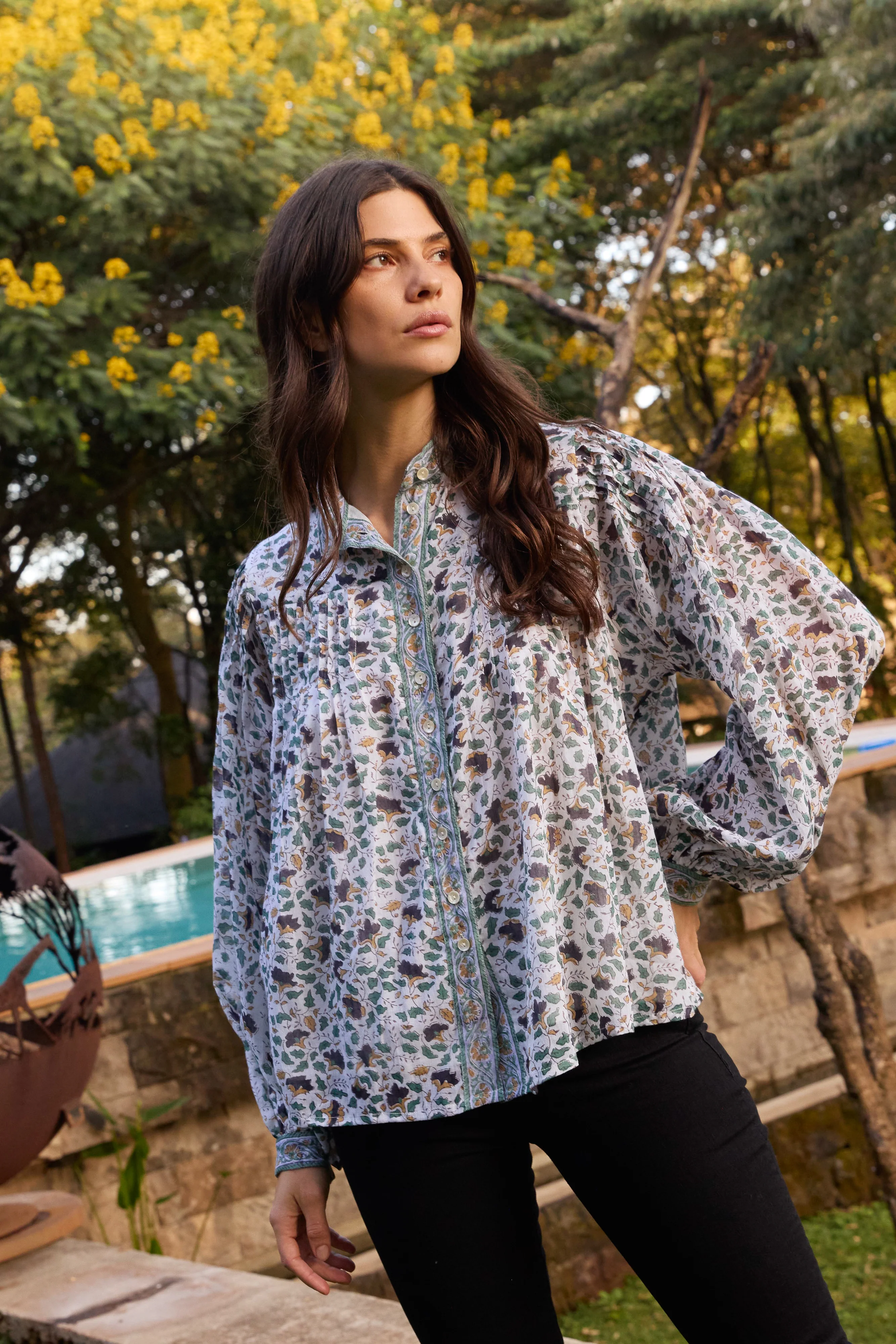 Mandarin Pintuck Blouse- Cotswold Green - Image 2