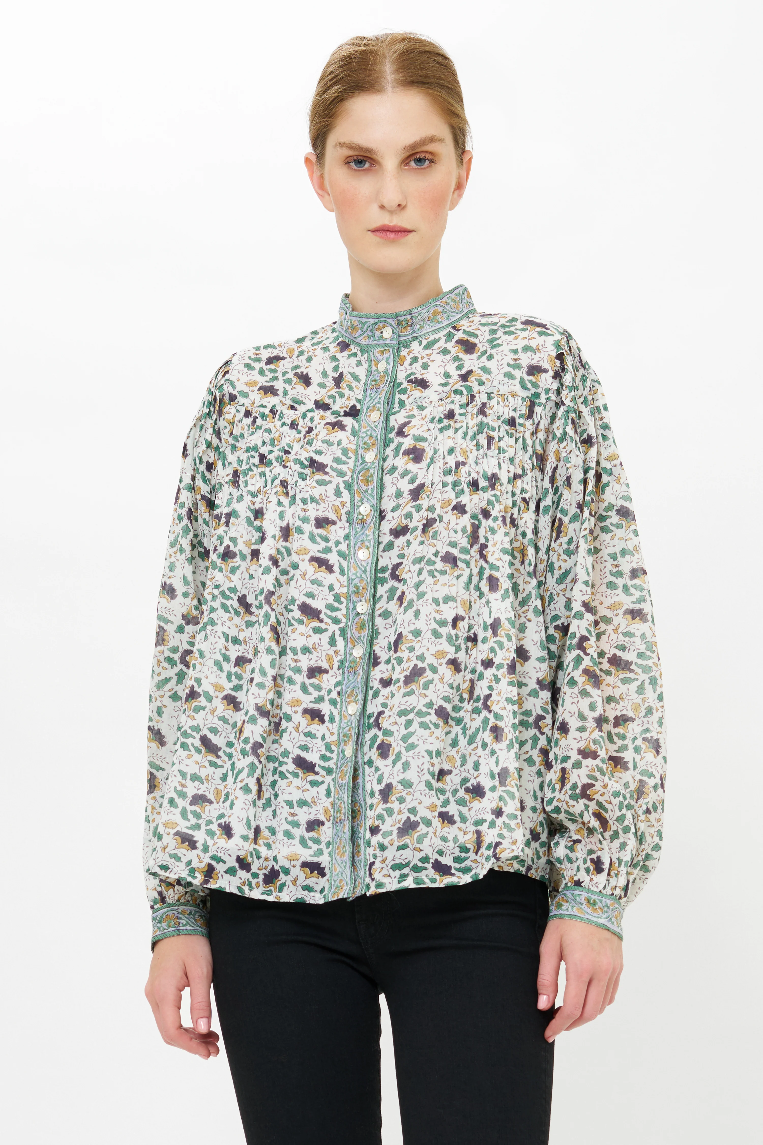 Mandarin Pintuck Blouse- Cotswold Green - Image 4