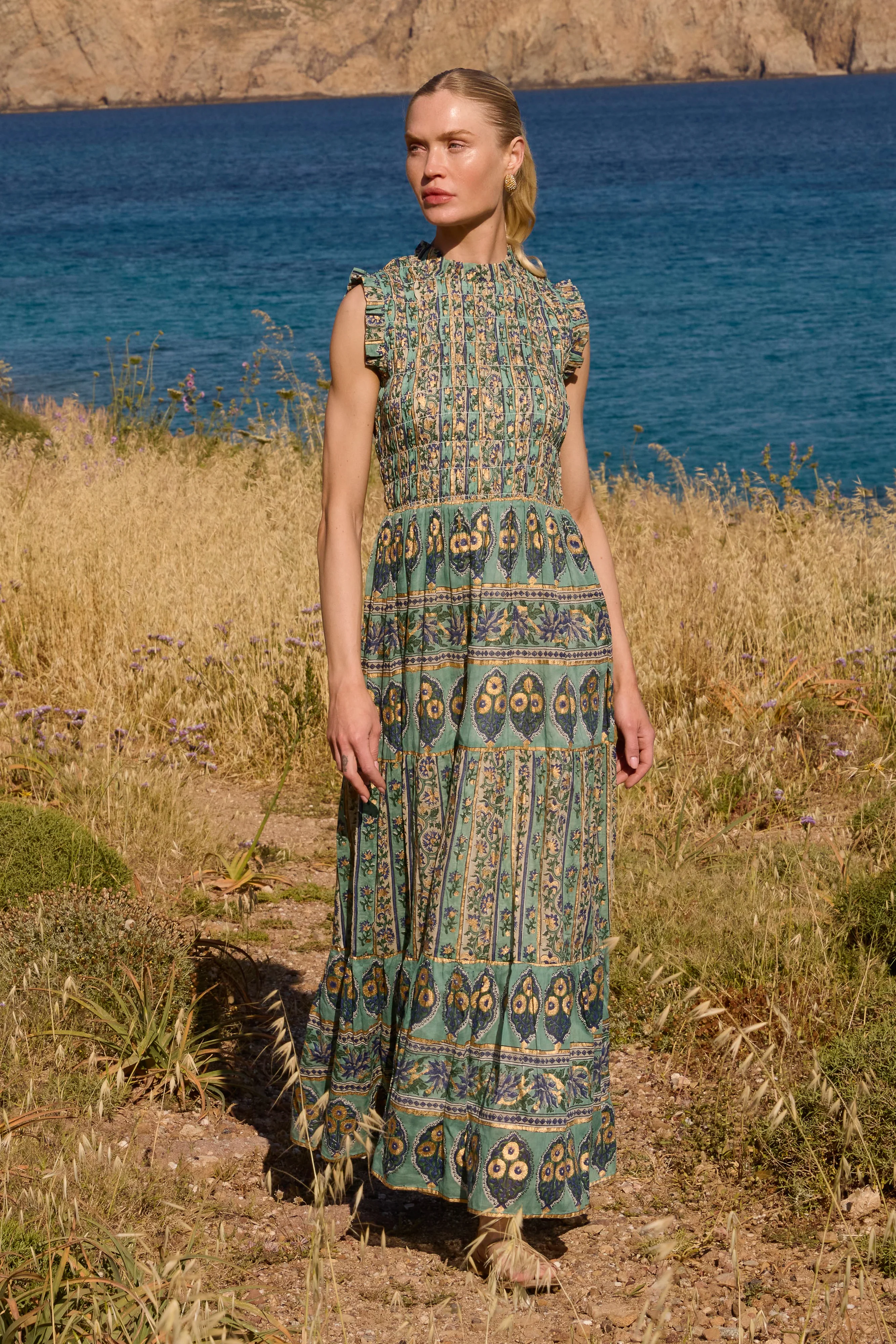Sleeveless Smocked Maxi- Taj Aqua
