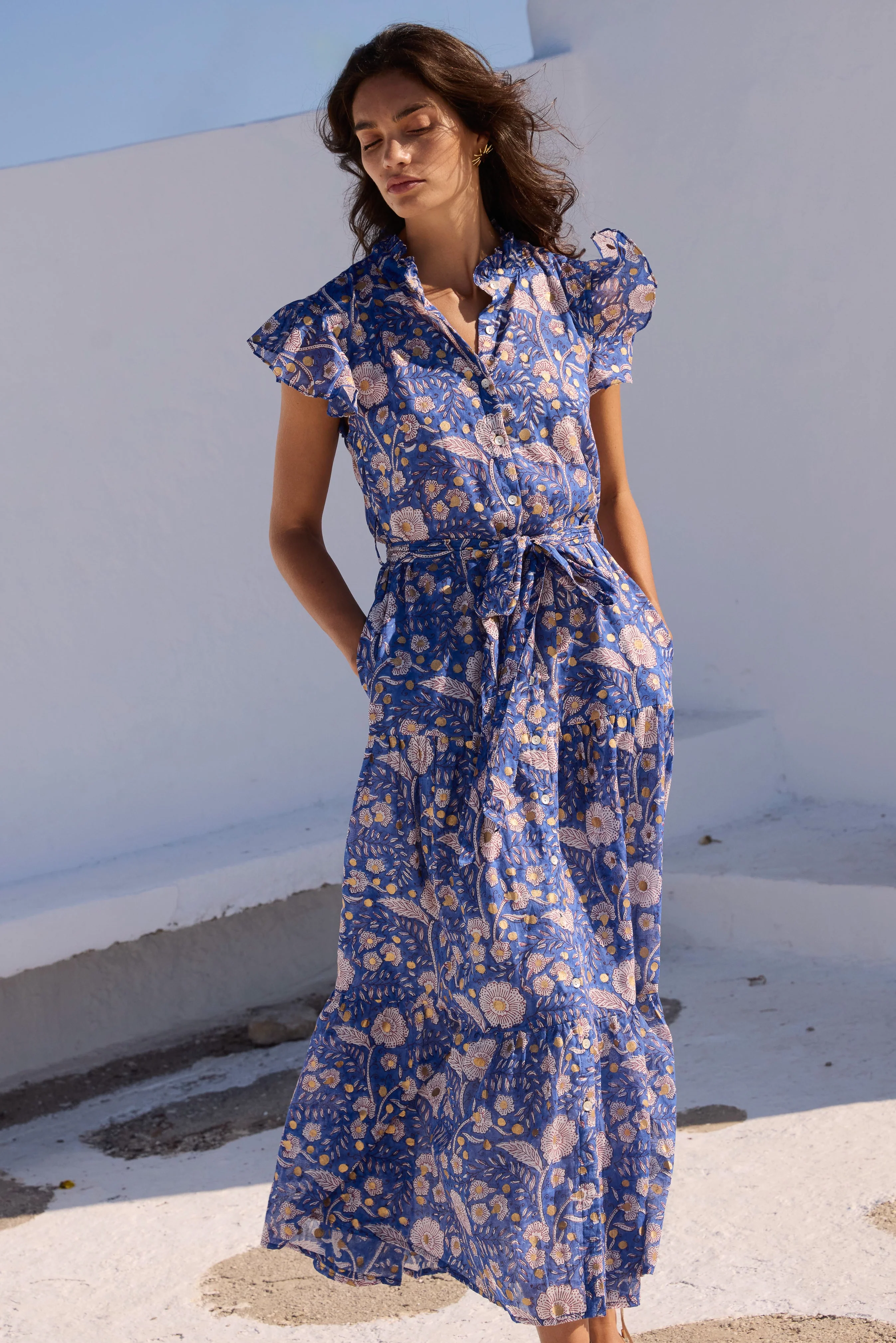 Ruffle Collar Button Maxi- Carolina Cobalt - Image 4