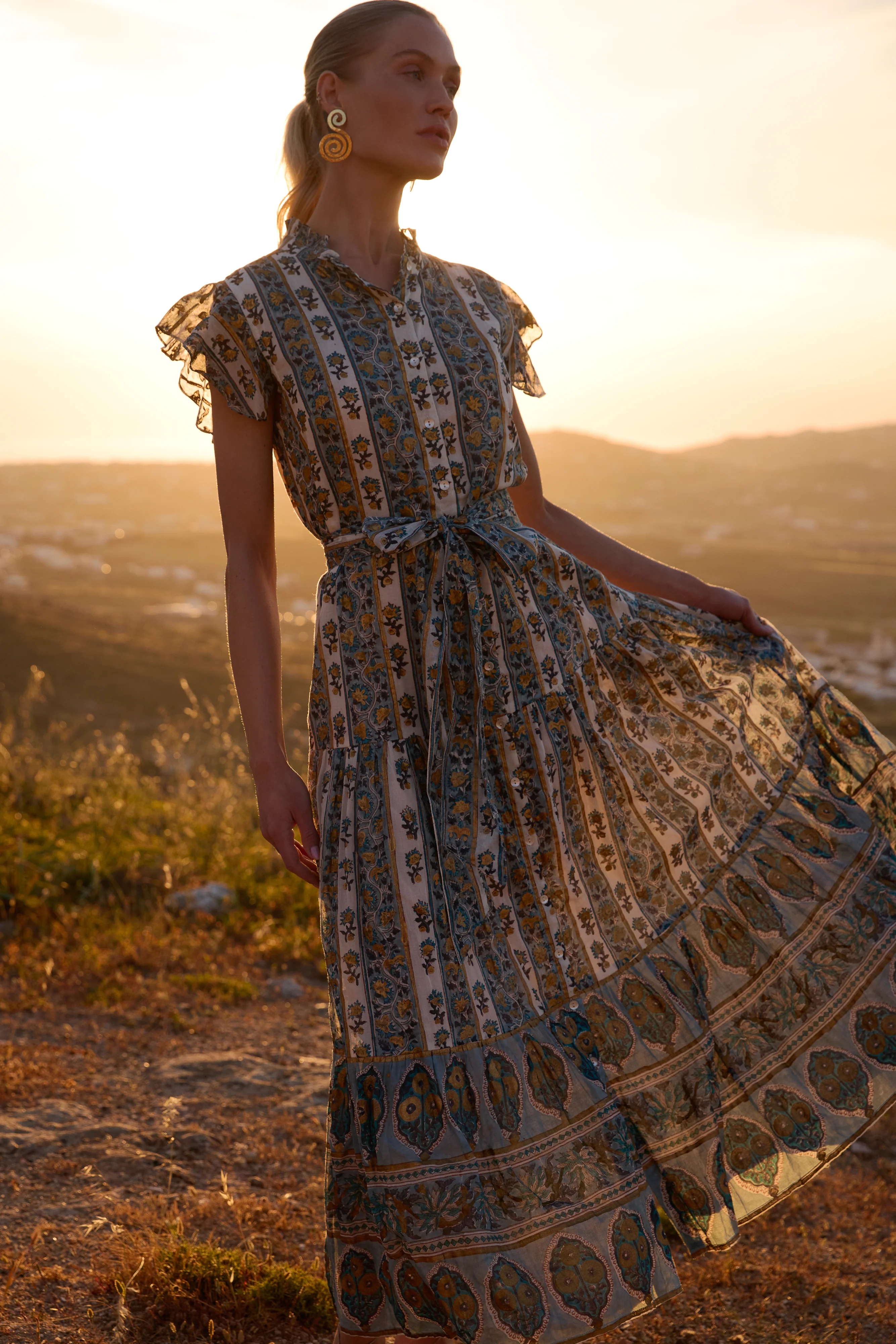 Ruffle Collar Button Maxi- Taj Blue - Image 7
