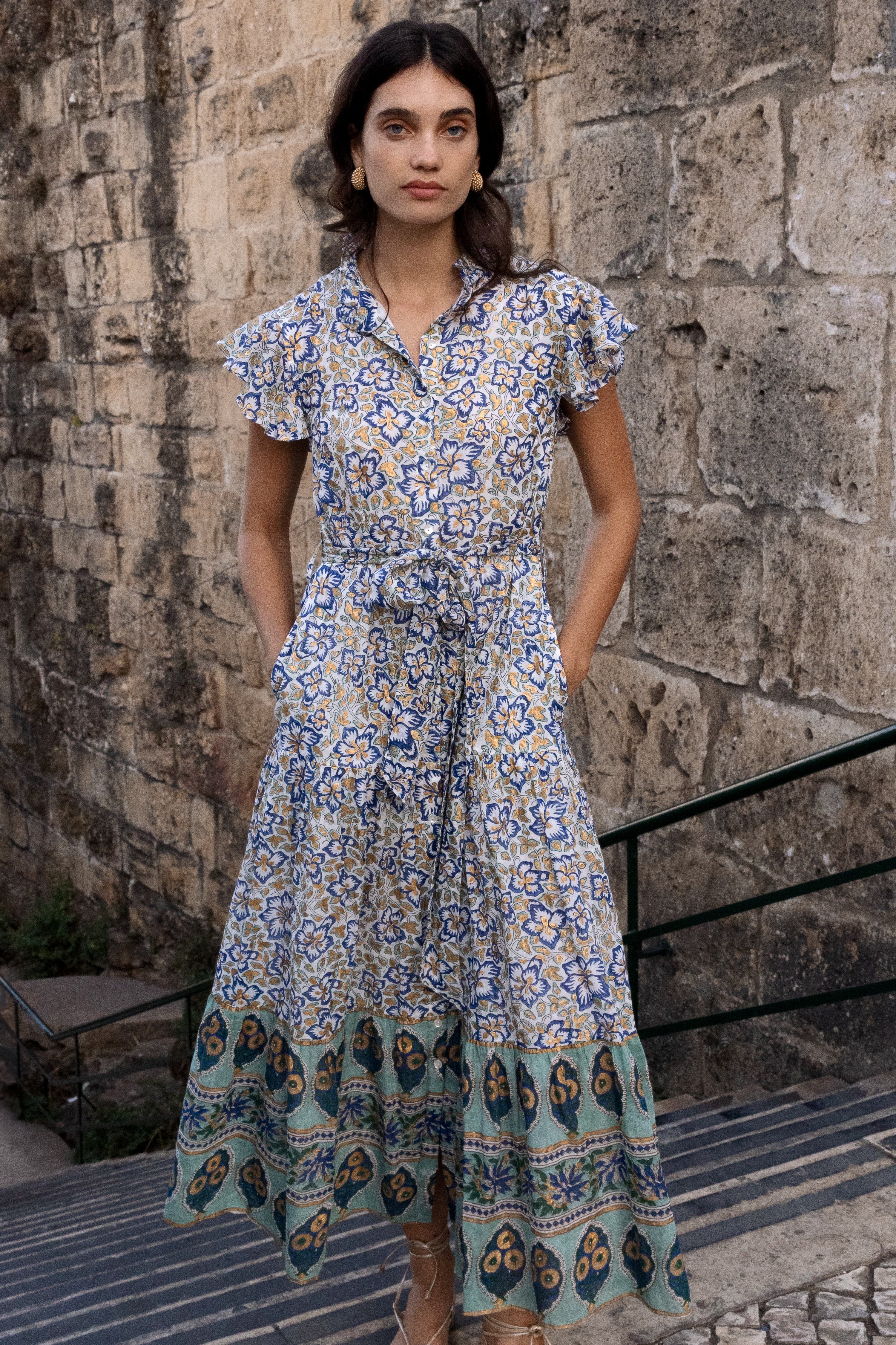 Ruffle Collar Button Maxi- Ivy Cobalt - Image 4