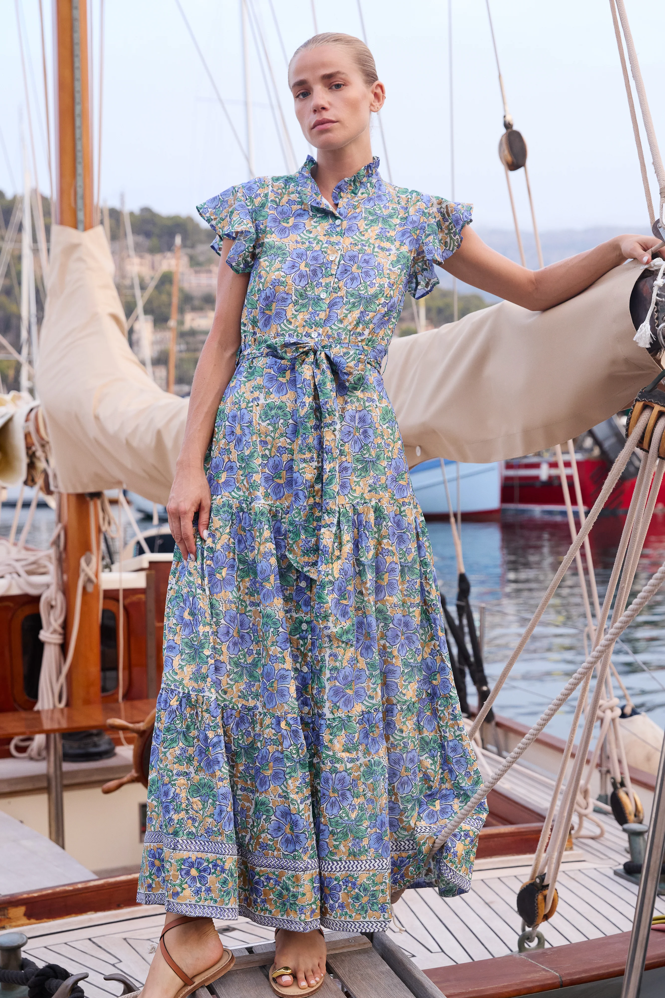 Ruffle Collar Button Maxi- Matera Blue - Image 2