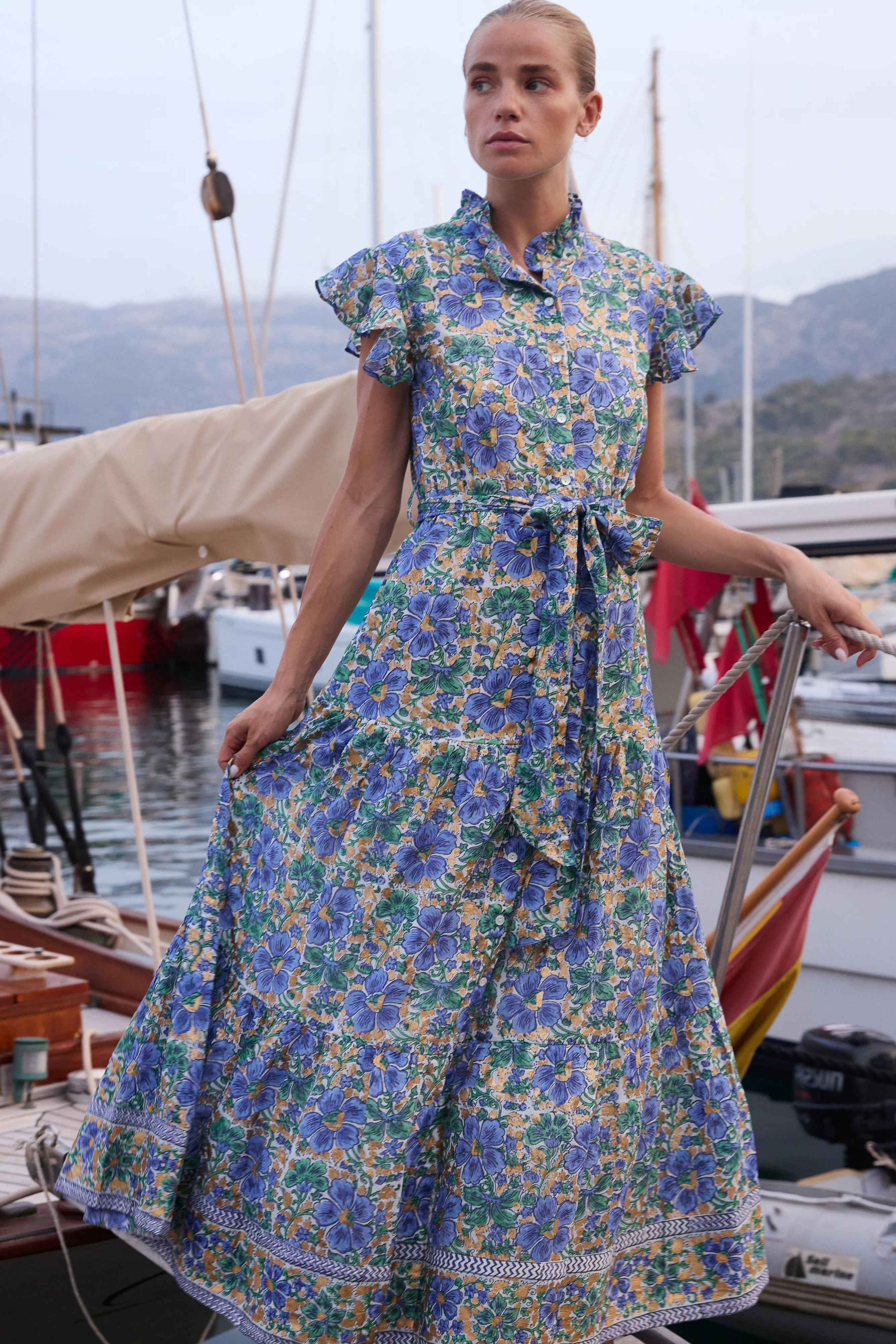 Ruffle Collar Button Maxi- Matera Blue - Image 6
