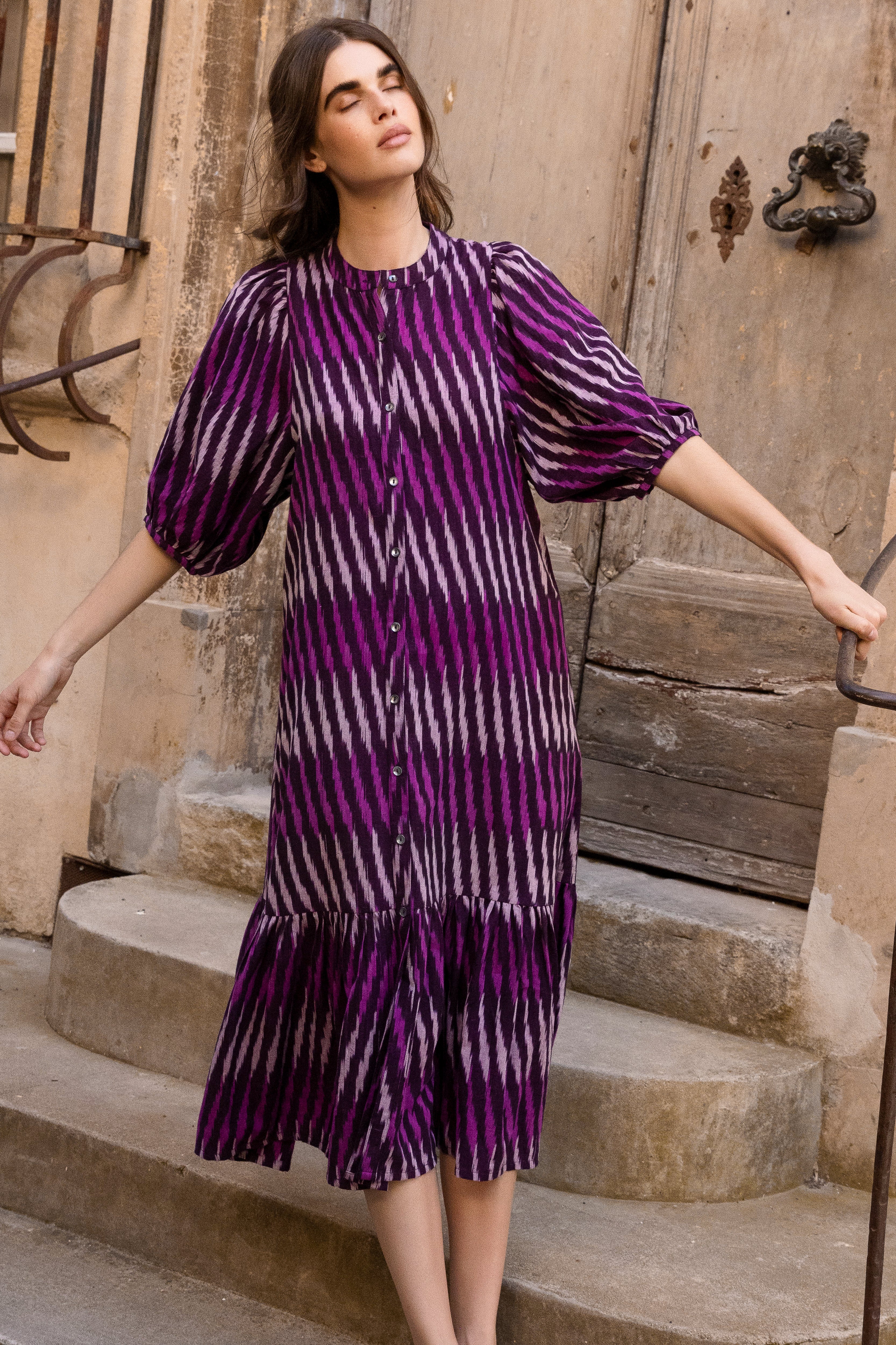 Button Puff Midi- Ikat Purple - Image 2
