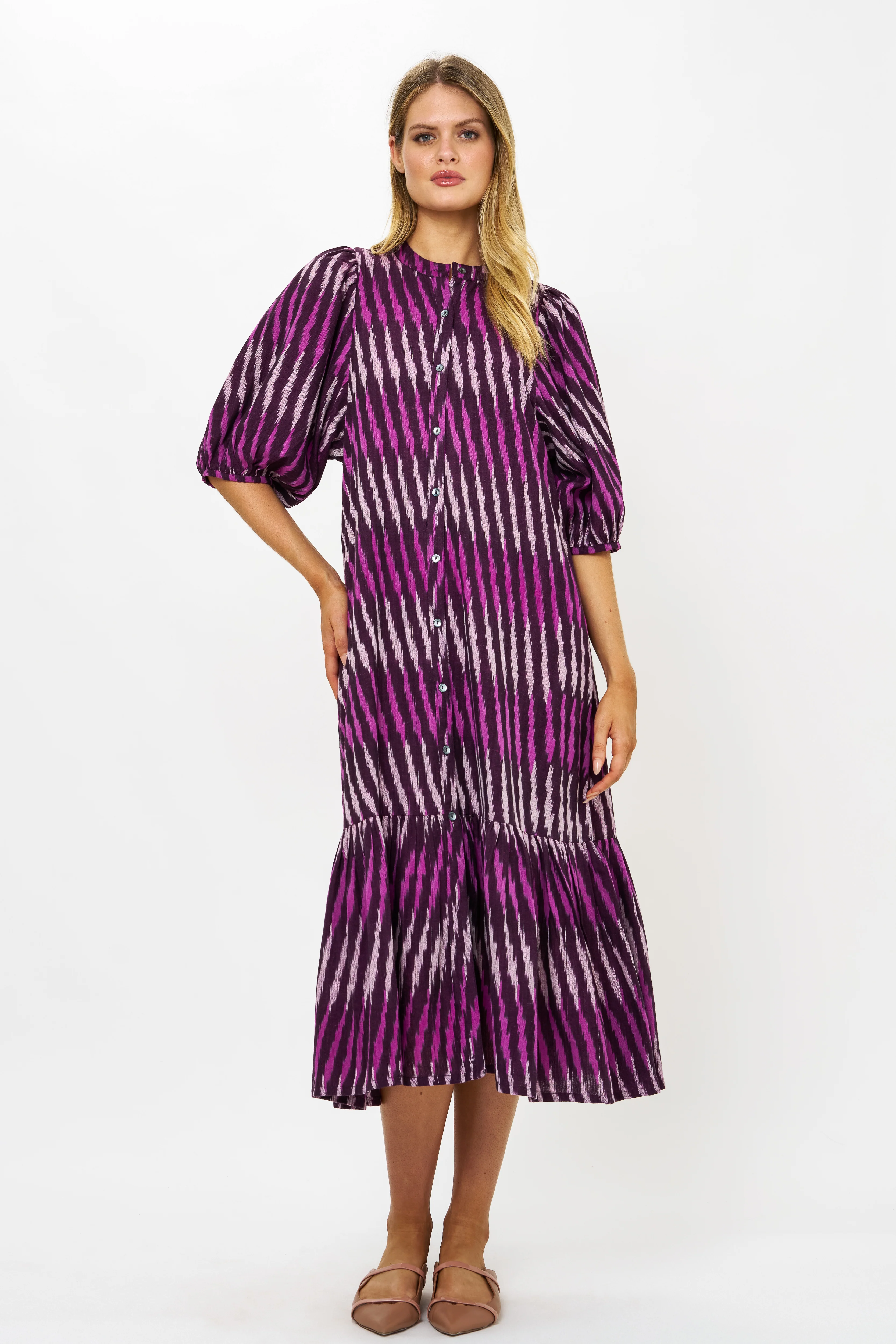 Button Puff Midi- Ikat Purple - Image 7