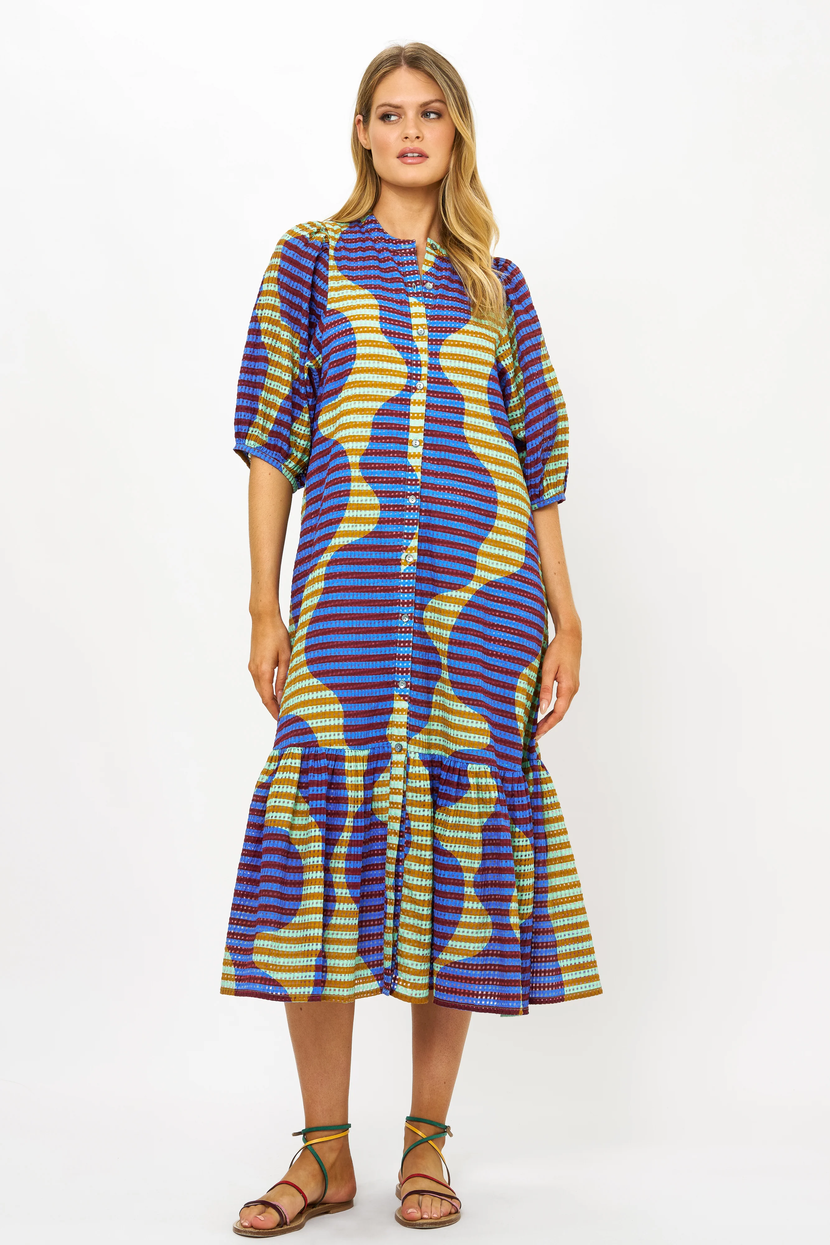 Button Puff Sleeve Midi- Haring Blue - Image 5