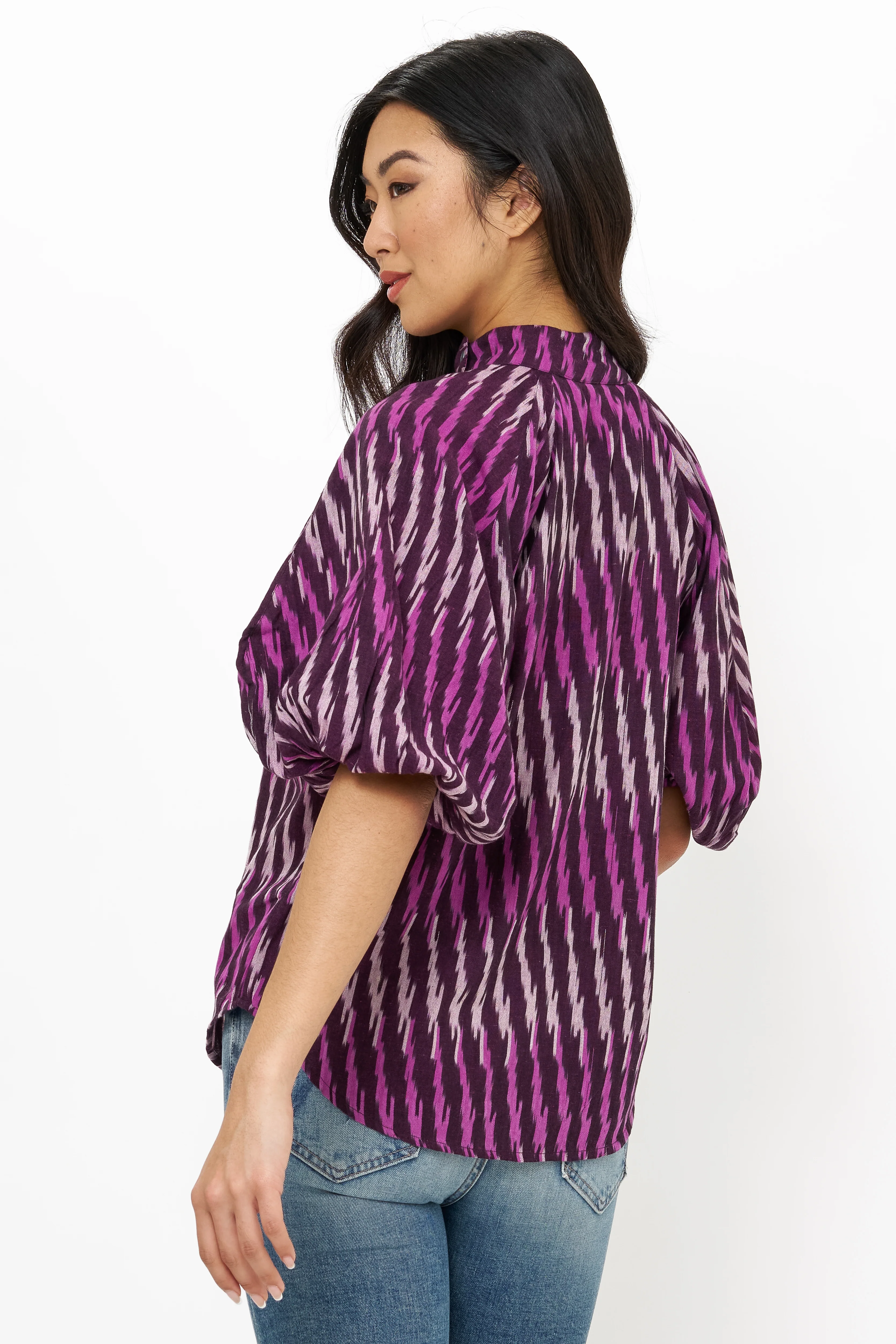 Button Neck Blouse- Ikat Purple - Image 2