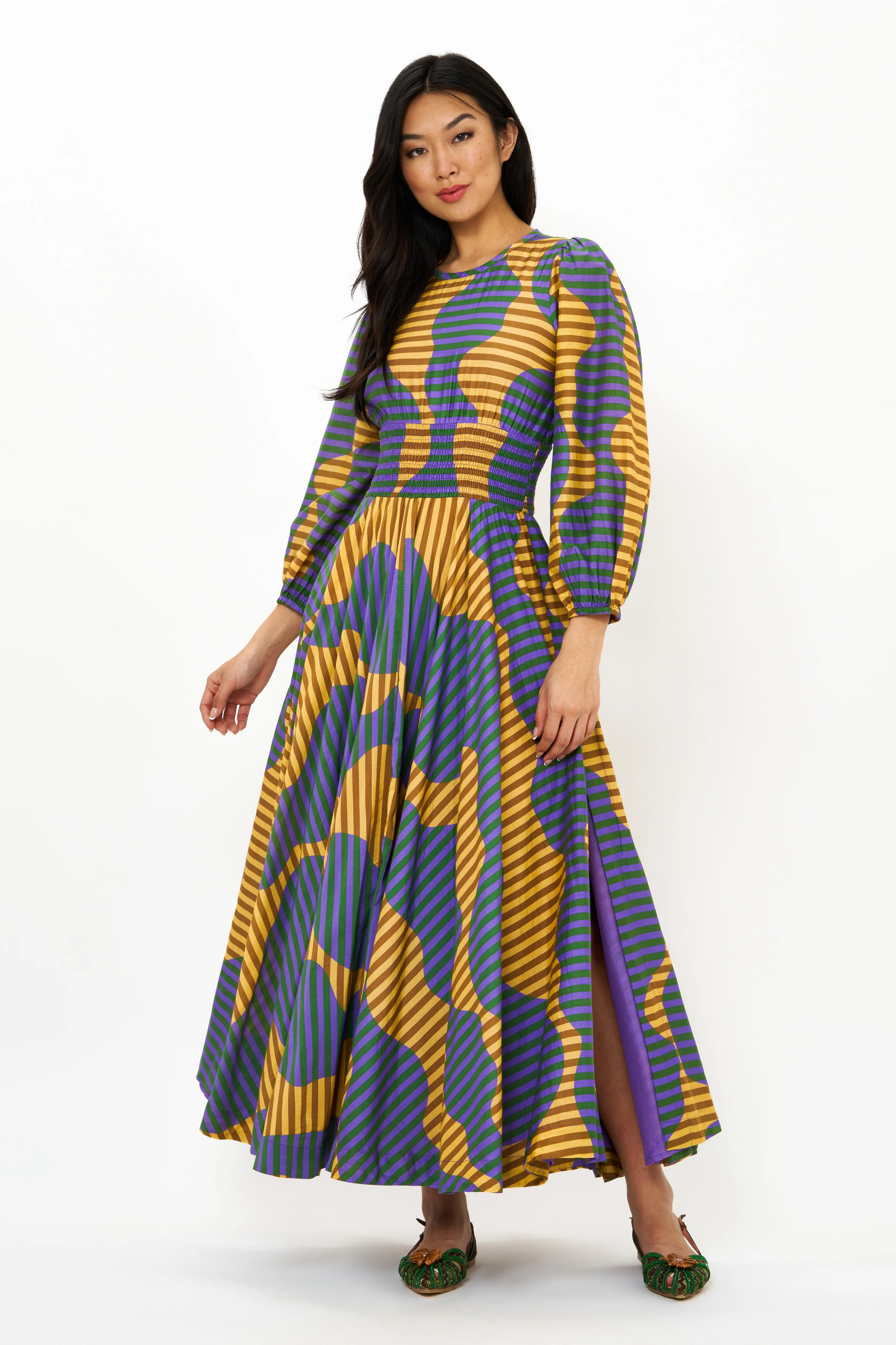 Crewneck Smocked Waist Maxi- Haring Saffron - Image 2