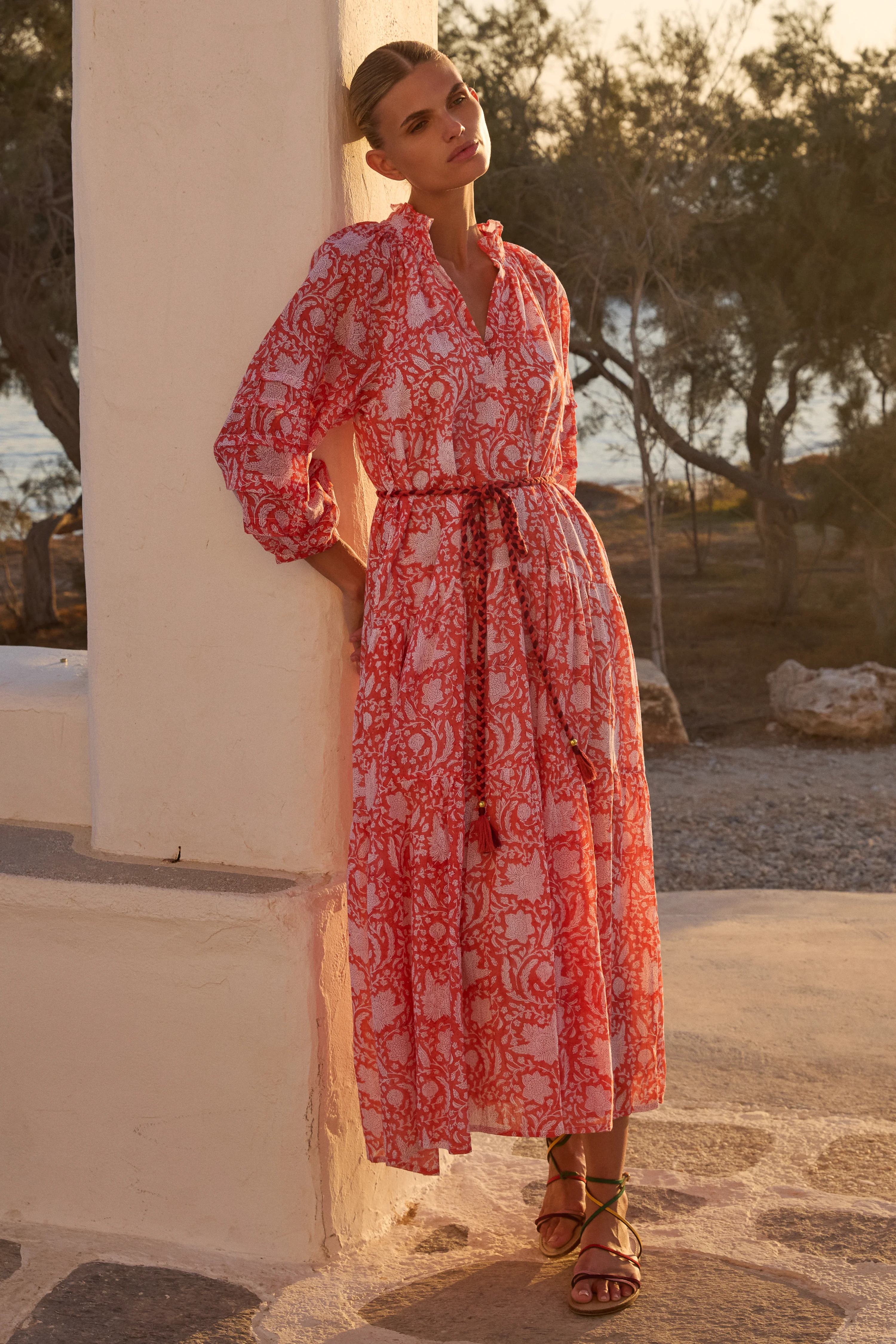 Cuff Sleeve Tie Waist Maxi- Ivy Orange