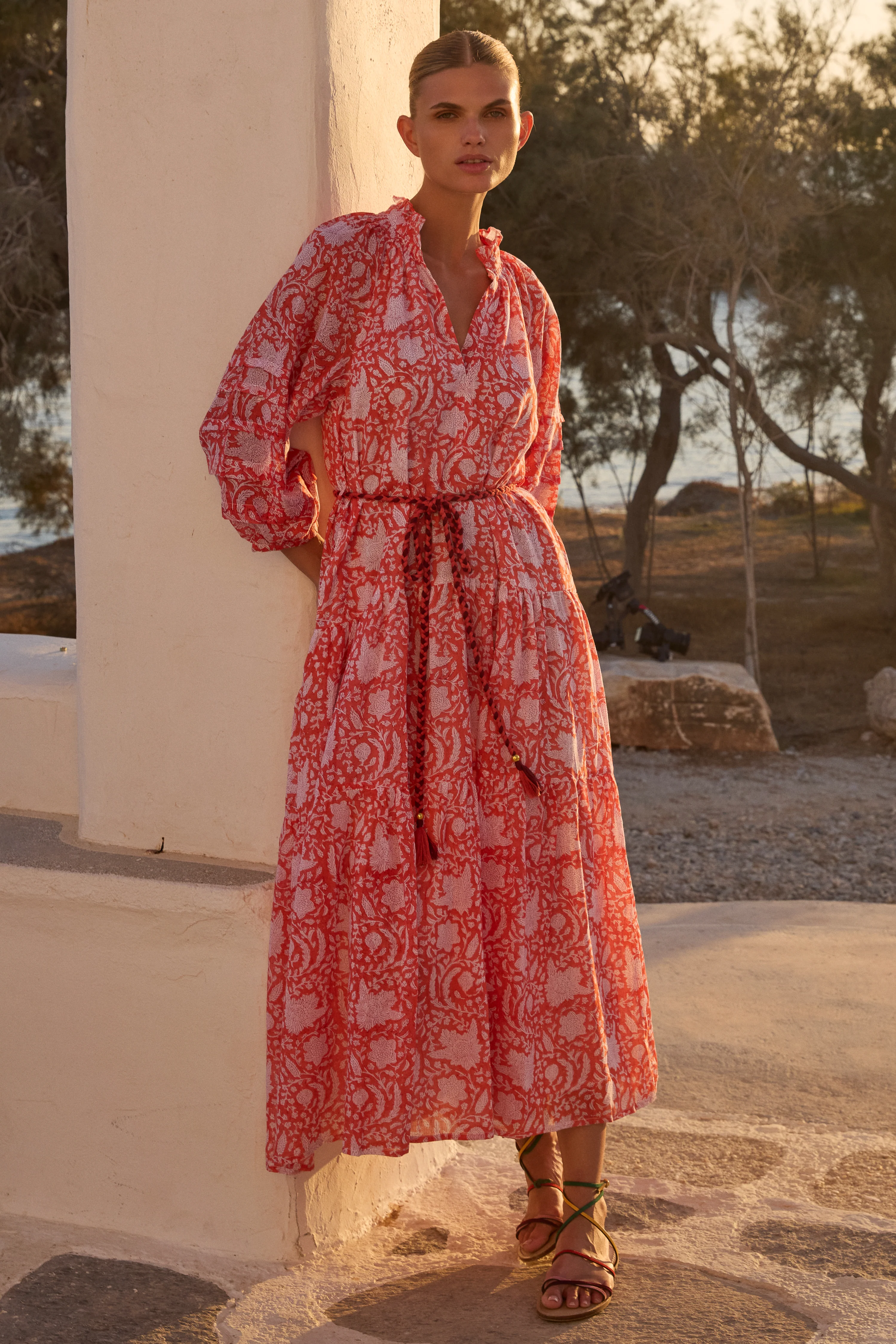 Cuff Sleeve Tie Waist Maxi- Ivy Orange - Image 3