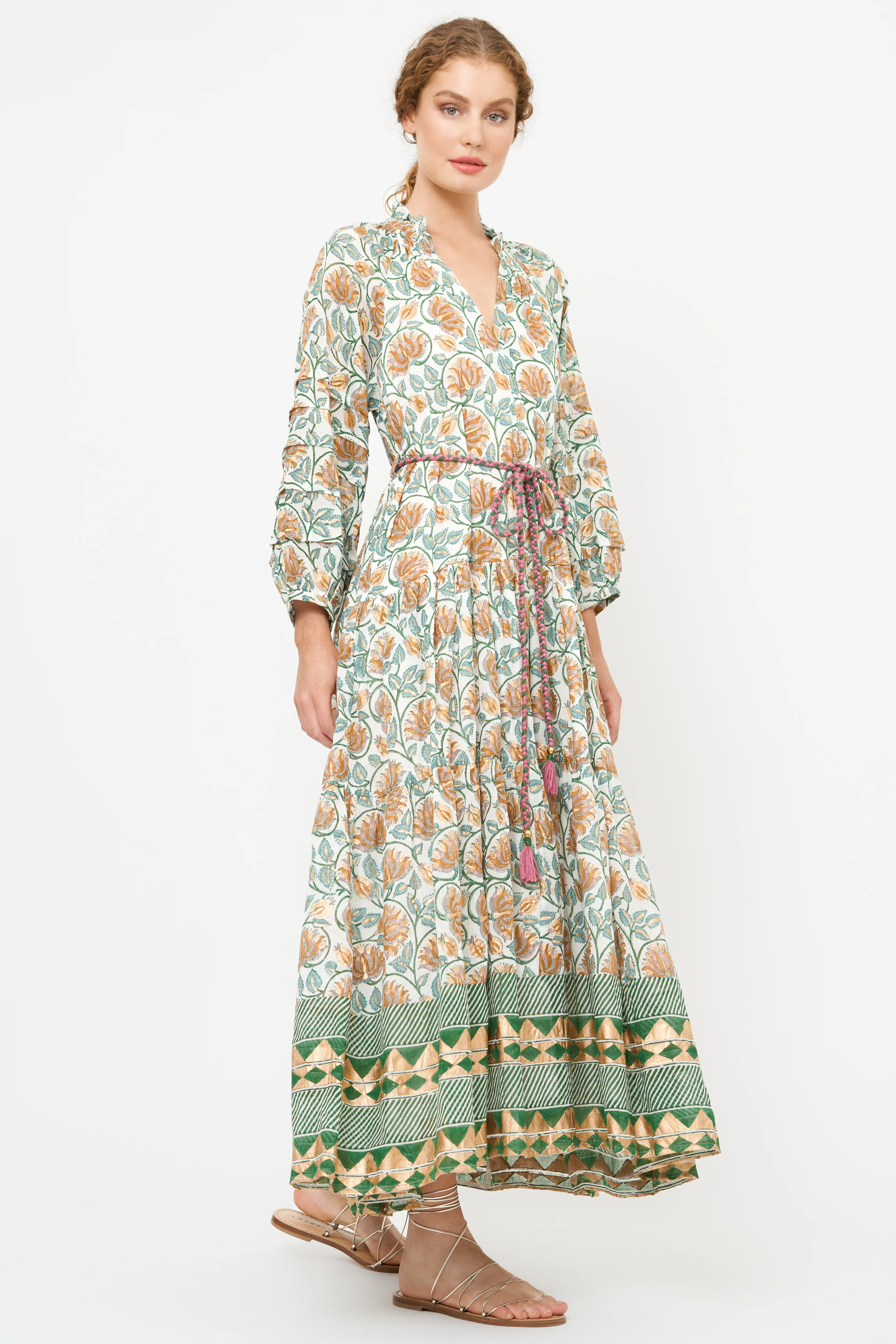 Cuff Sleeve Tie Waist Maxi- Montenegro Green - Image 6