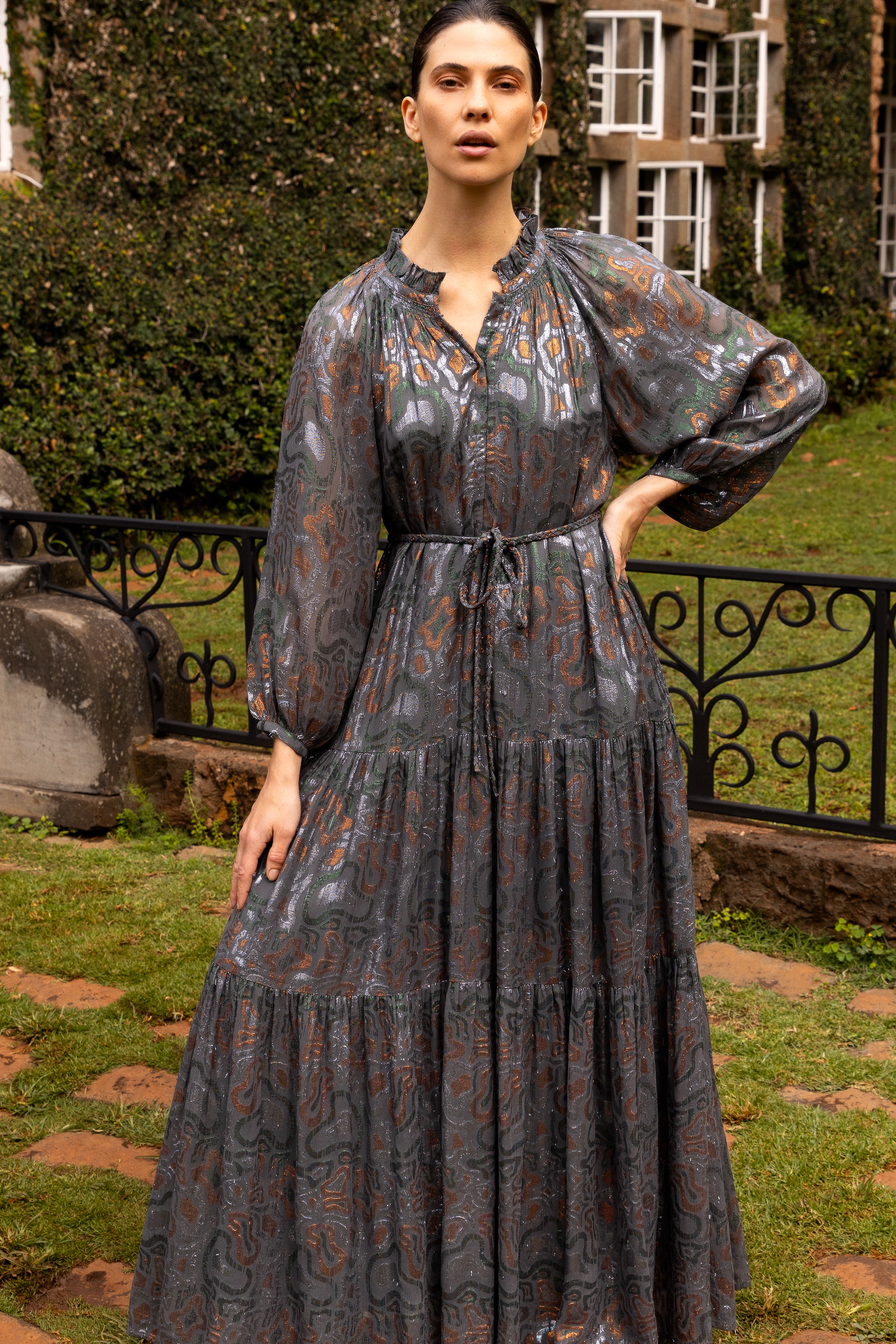 Cuff Sleeve Tie Waist Maxi- Kenzo Charcoal - Image 2