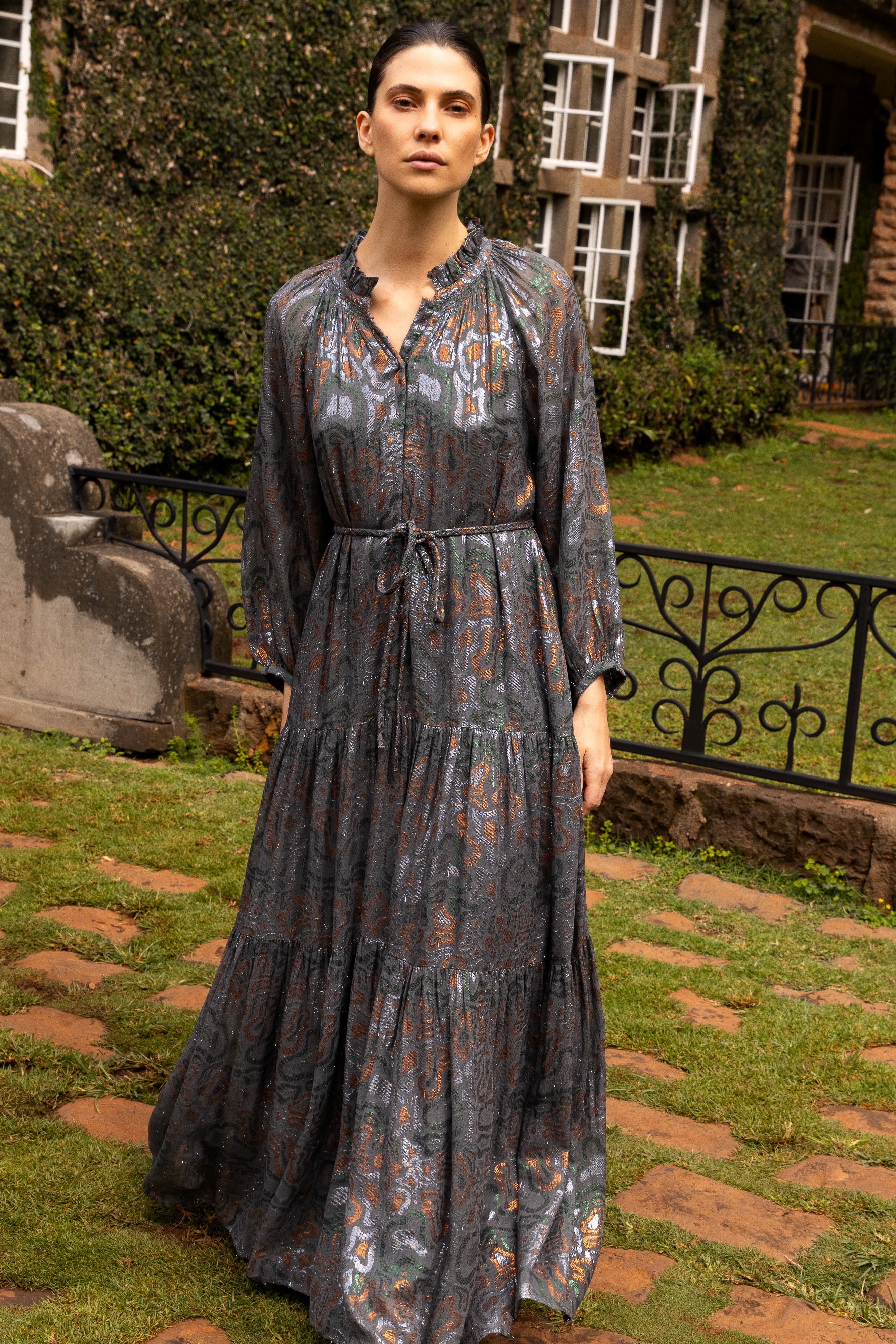 Cuff Sleeve Tie Waist Maxi- Kenzo Charcoal - Image 3