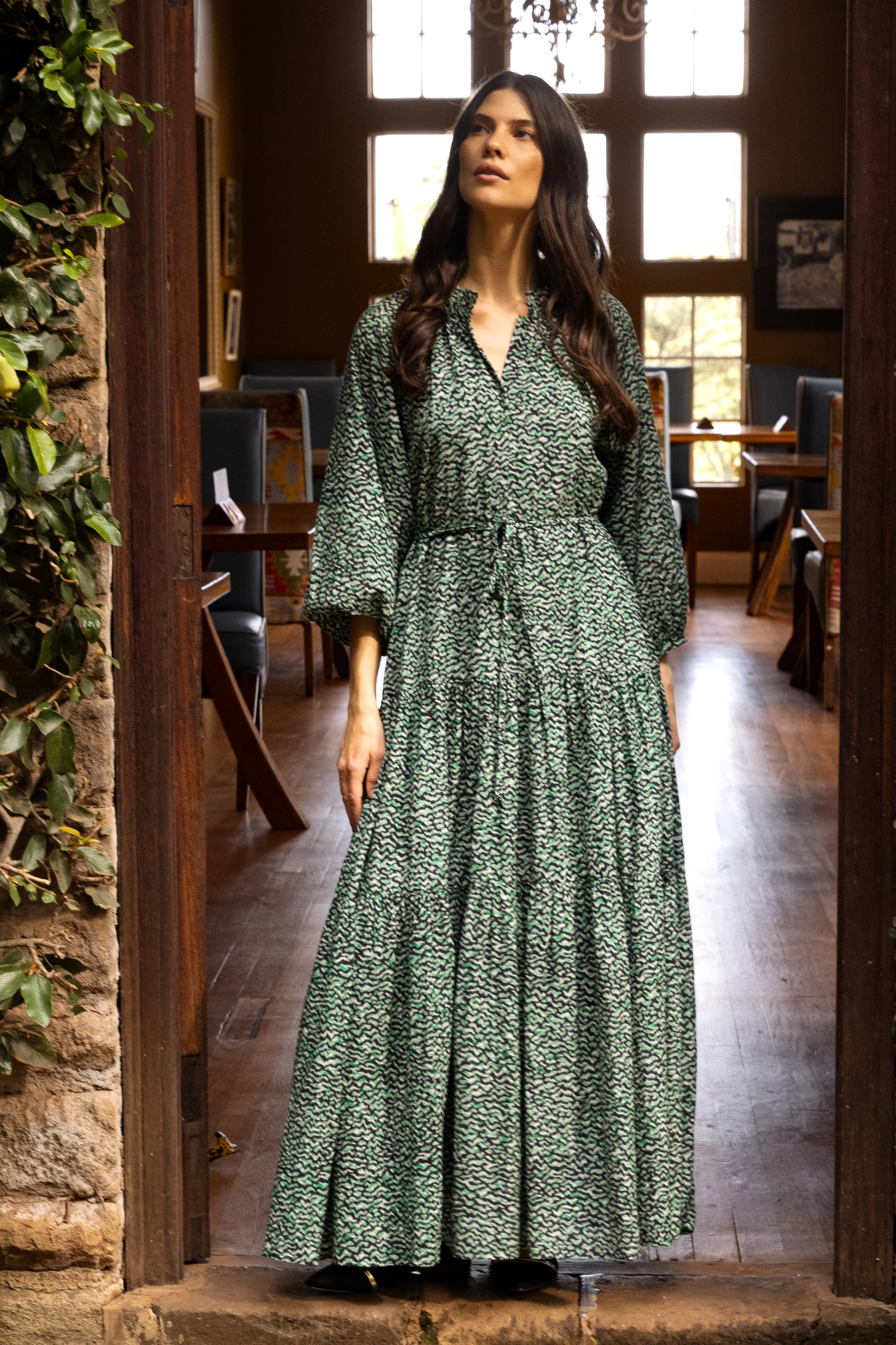 Cuff Sleeve Tie Waist Maxi- Jag Green - Image 5