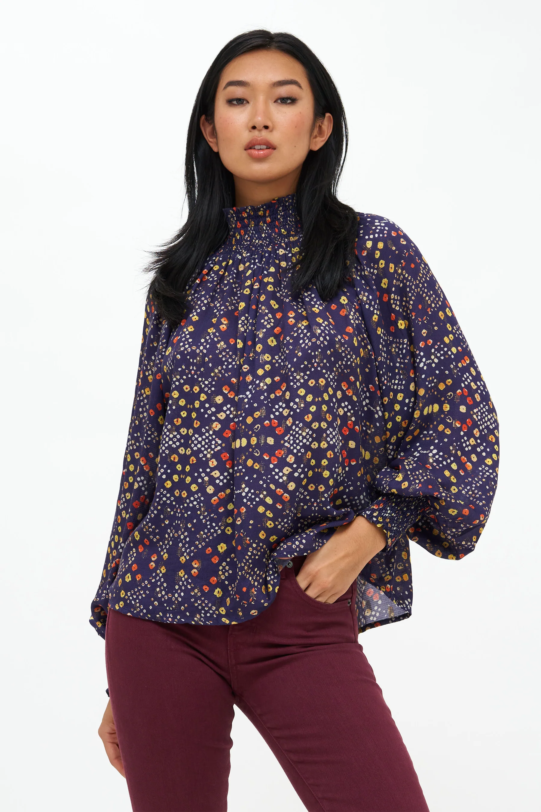 High Neck Blouse- Shibori Indigo - Image 2