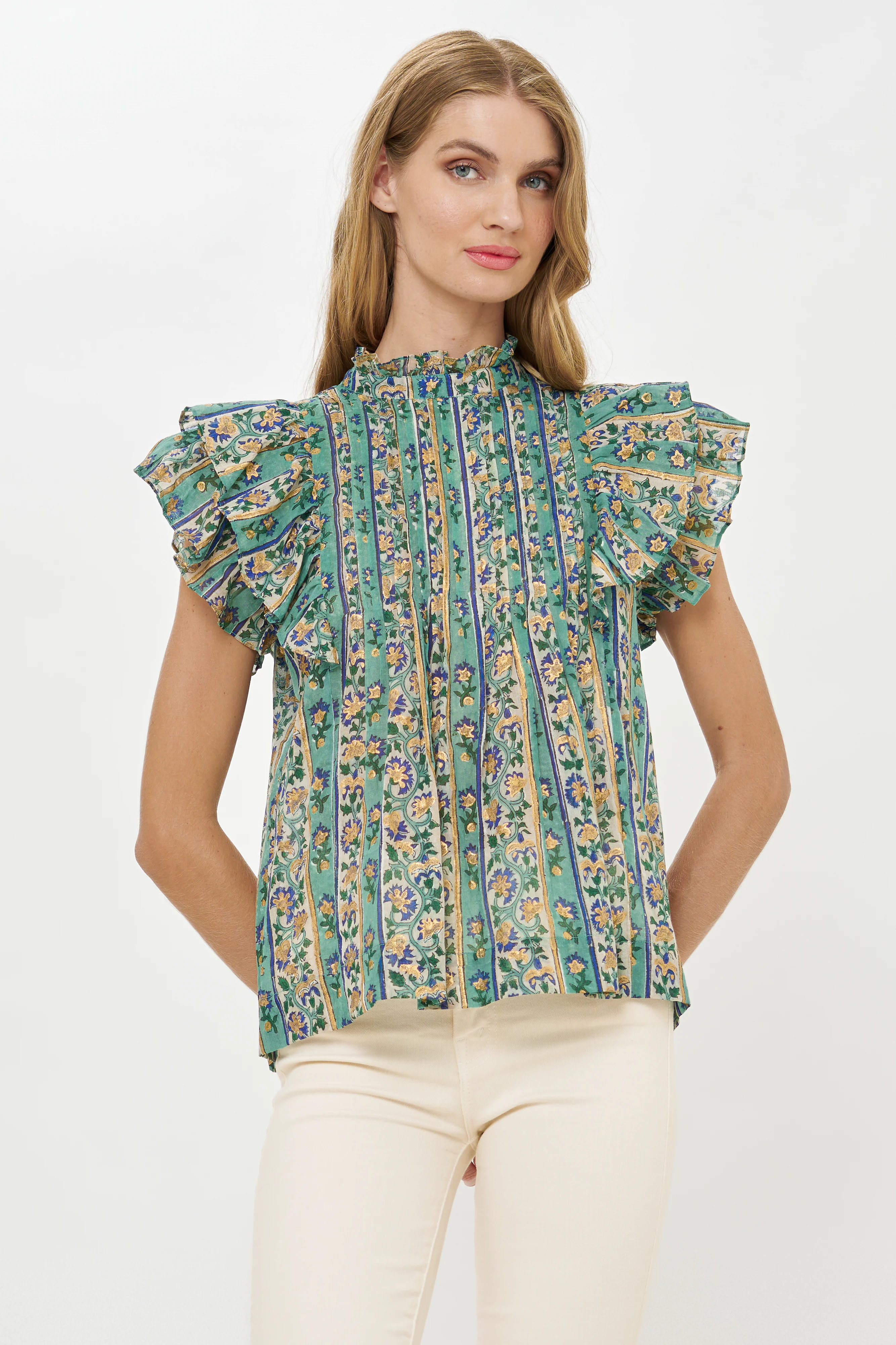 Pintuck Ruffle Top- Taj Aqua - Image 3