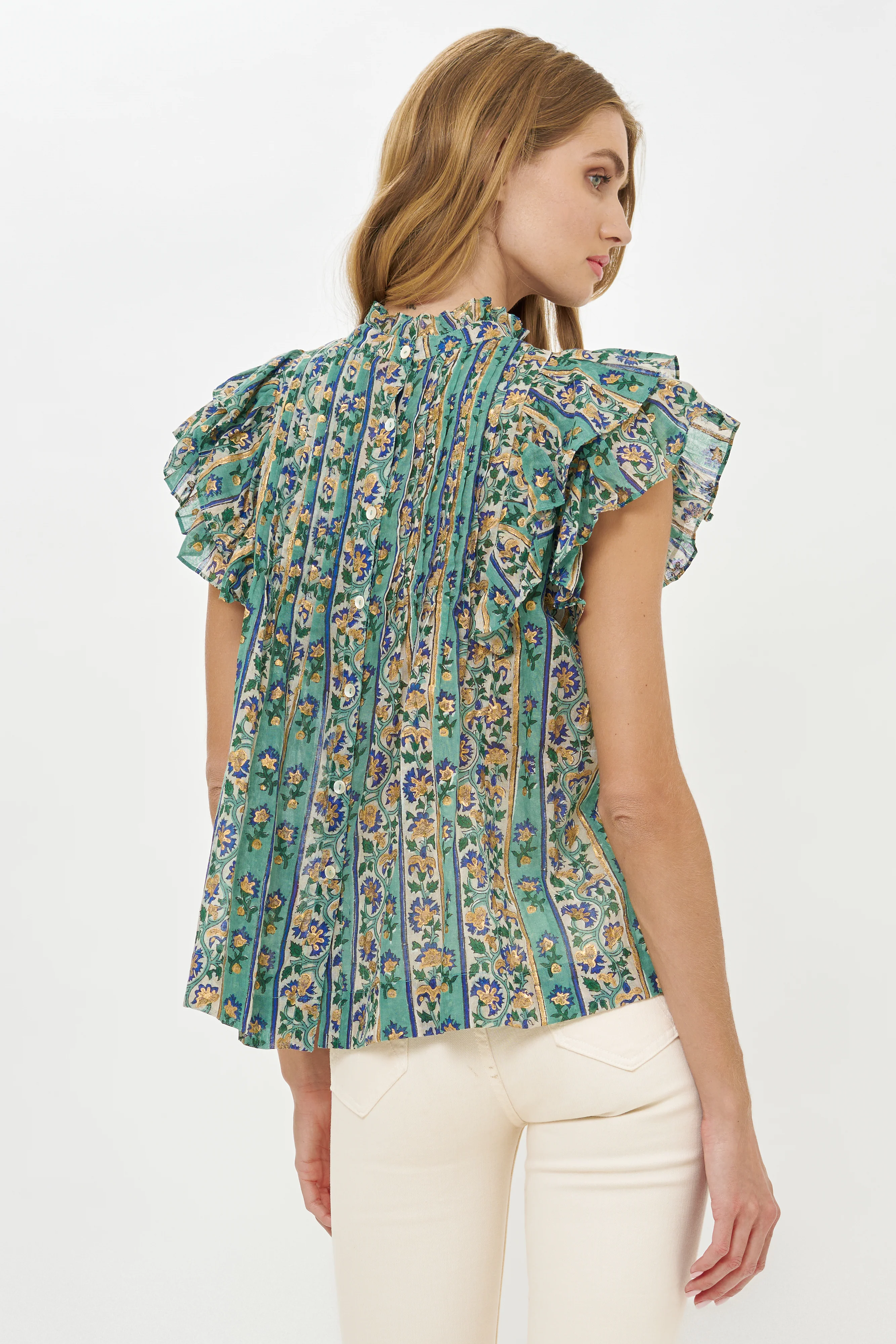 Pintuck Ruffle Top- Taj Aqua - Image 4