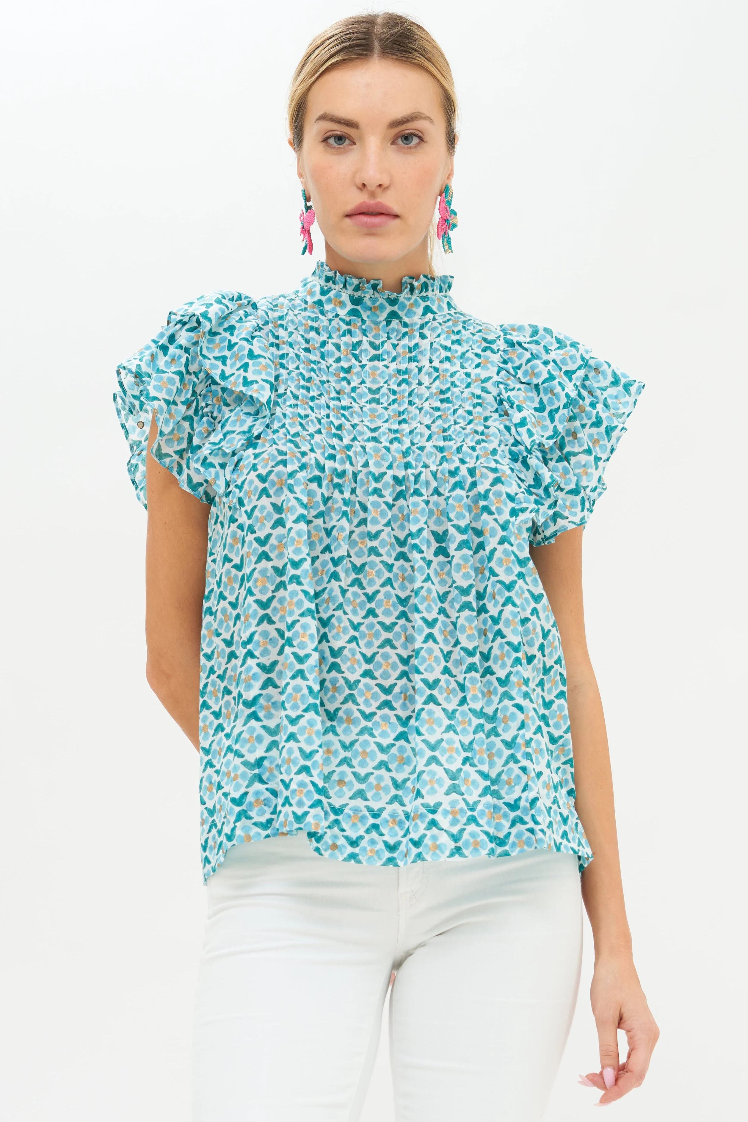 Pintuck Ruffle Top- Veranda Turquoise - Image 2