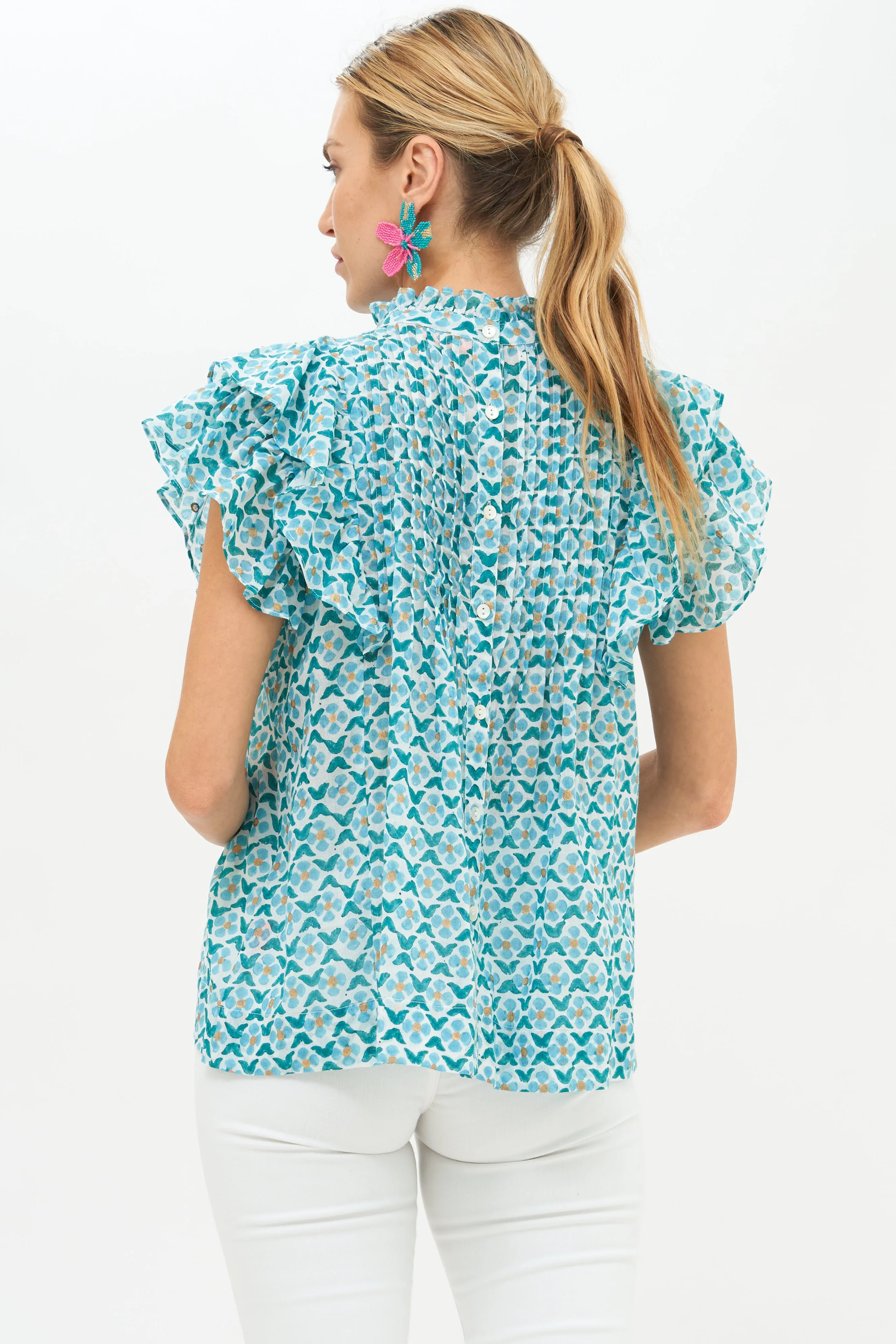 Pintuck Ruffle Top- Veranda Turquoise - Image 3