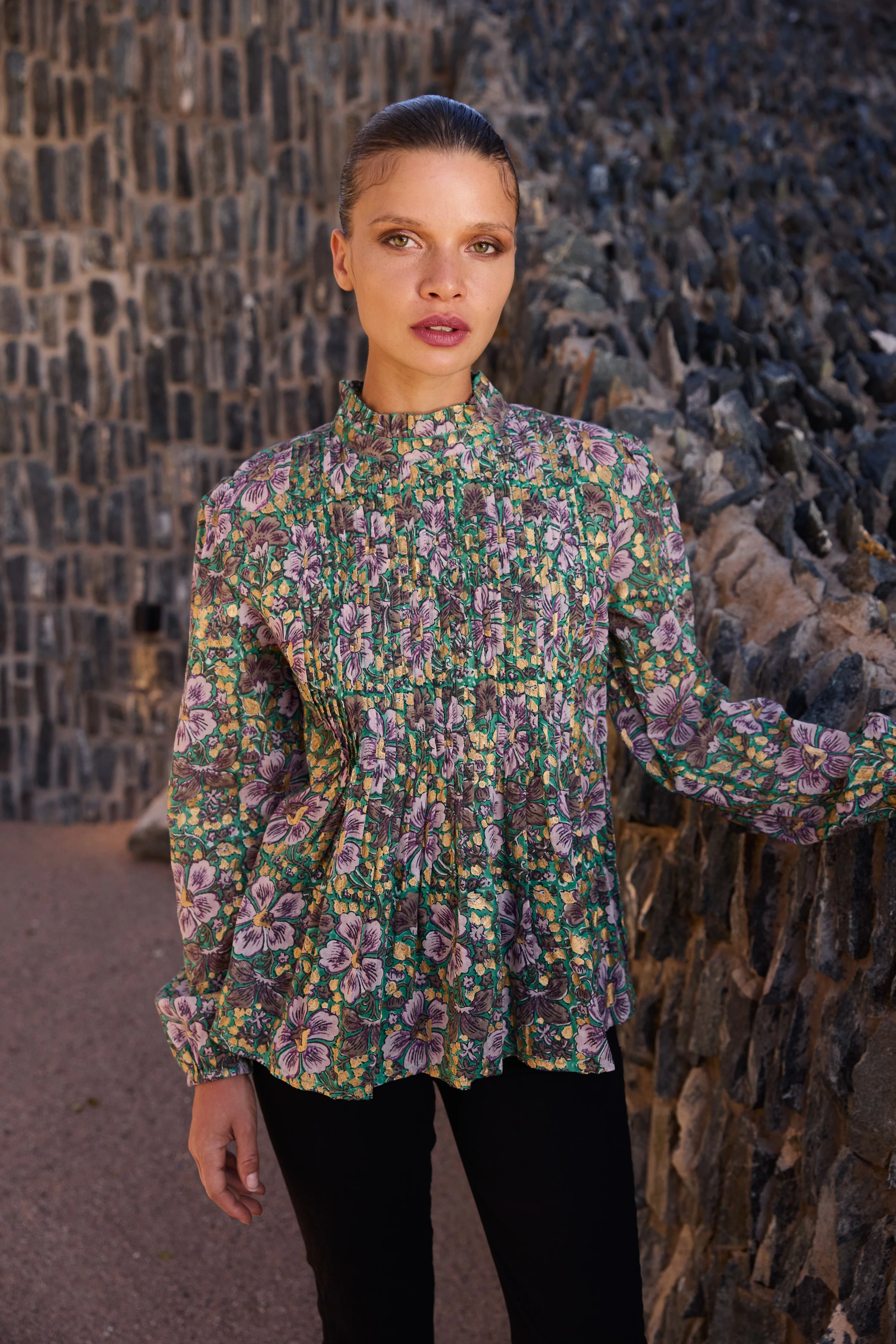 Long Sleeve Pintuck Blouse- Matera Green - Image 2