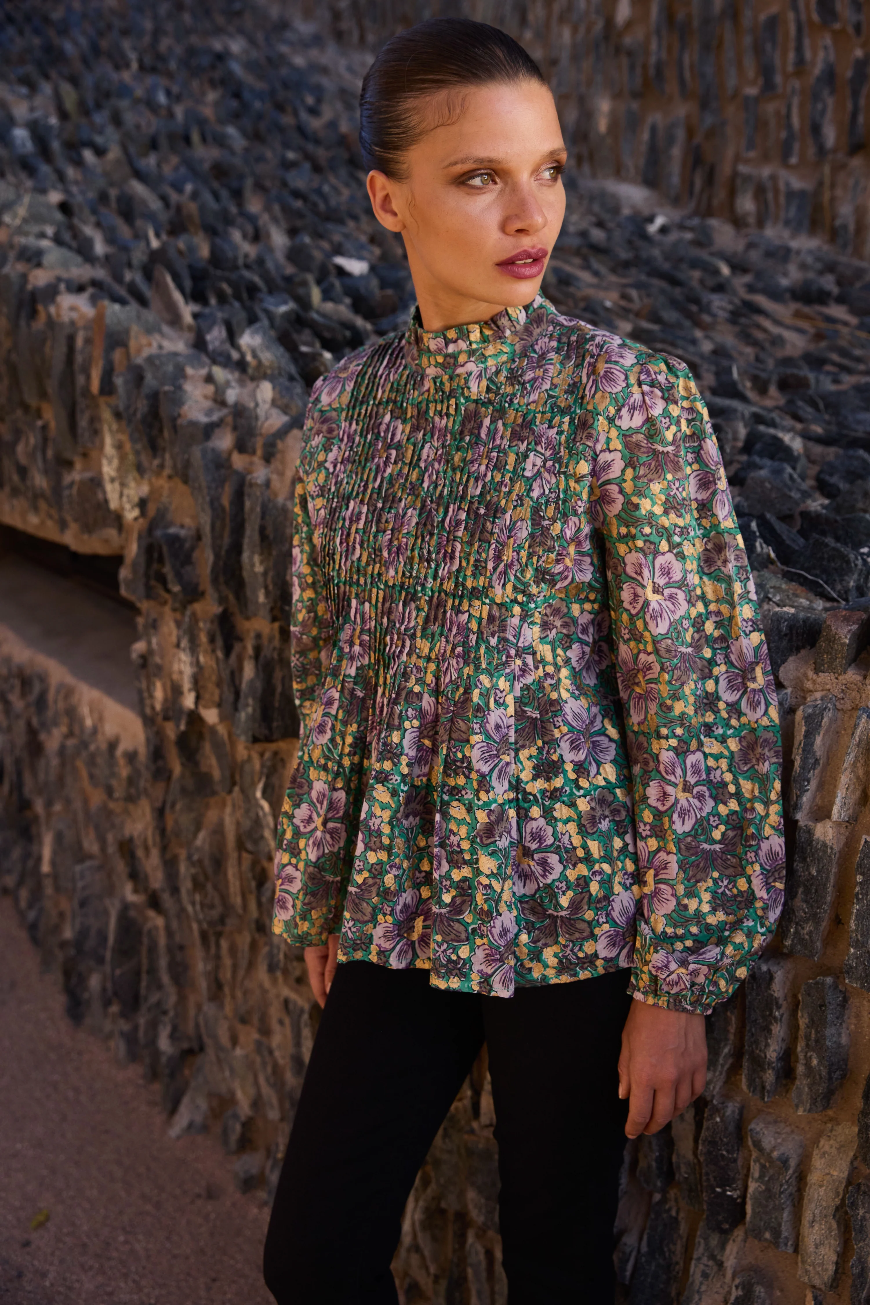 Long Sleeve Pintuck Blouse- Matera Green - Image 4