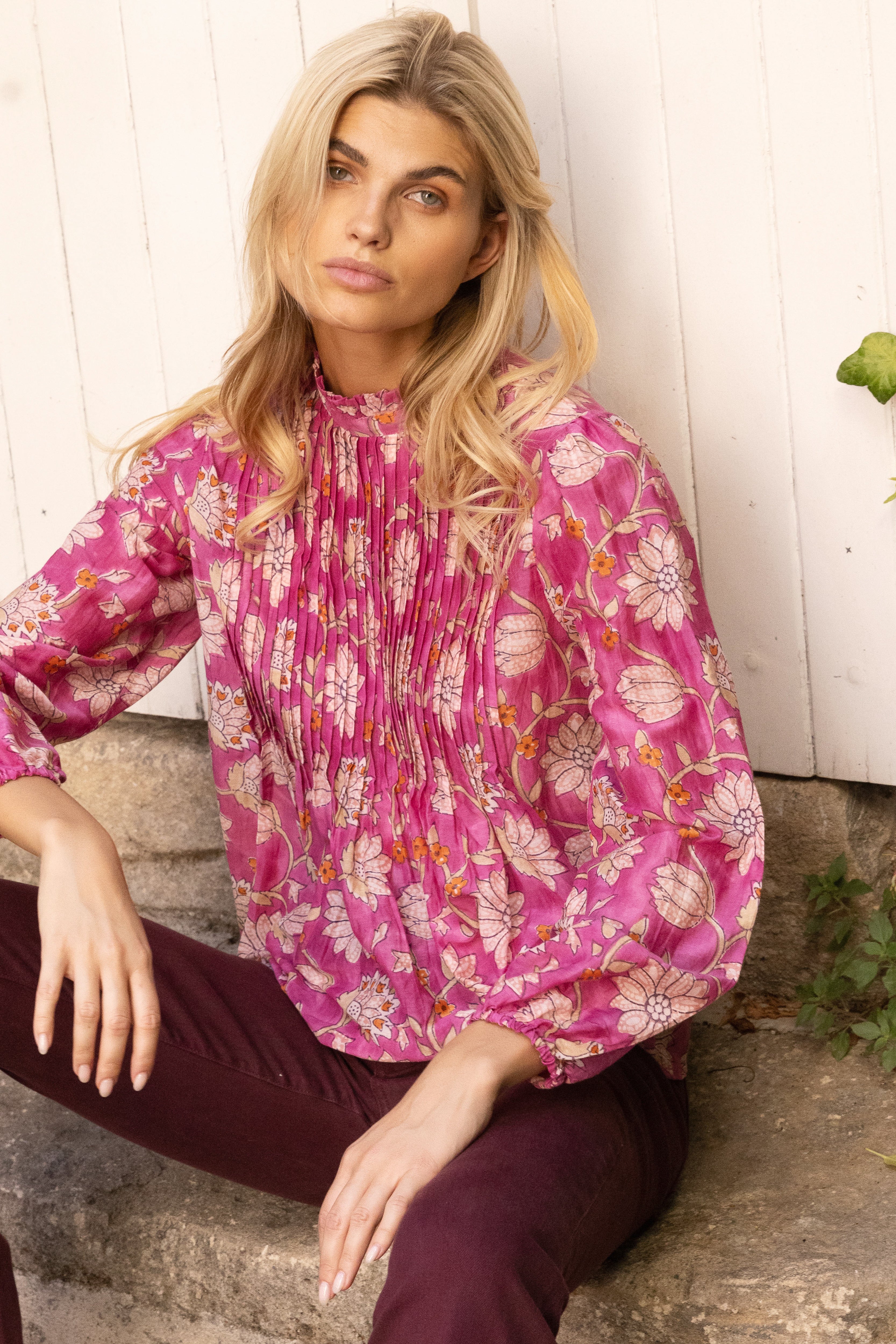 Long Sleeve Pintuck Blouse- Presidio Magenta - Image 3