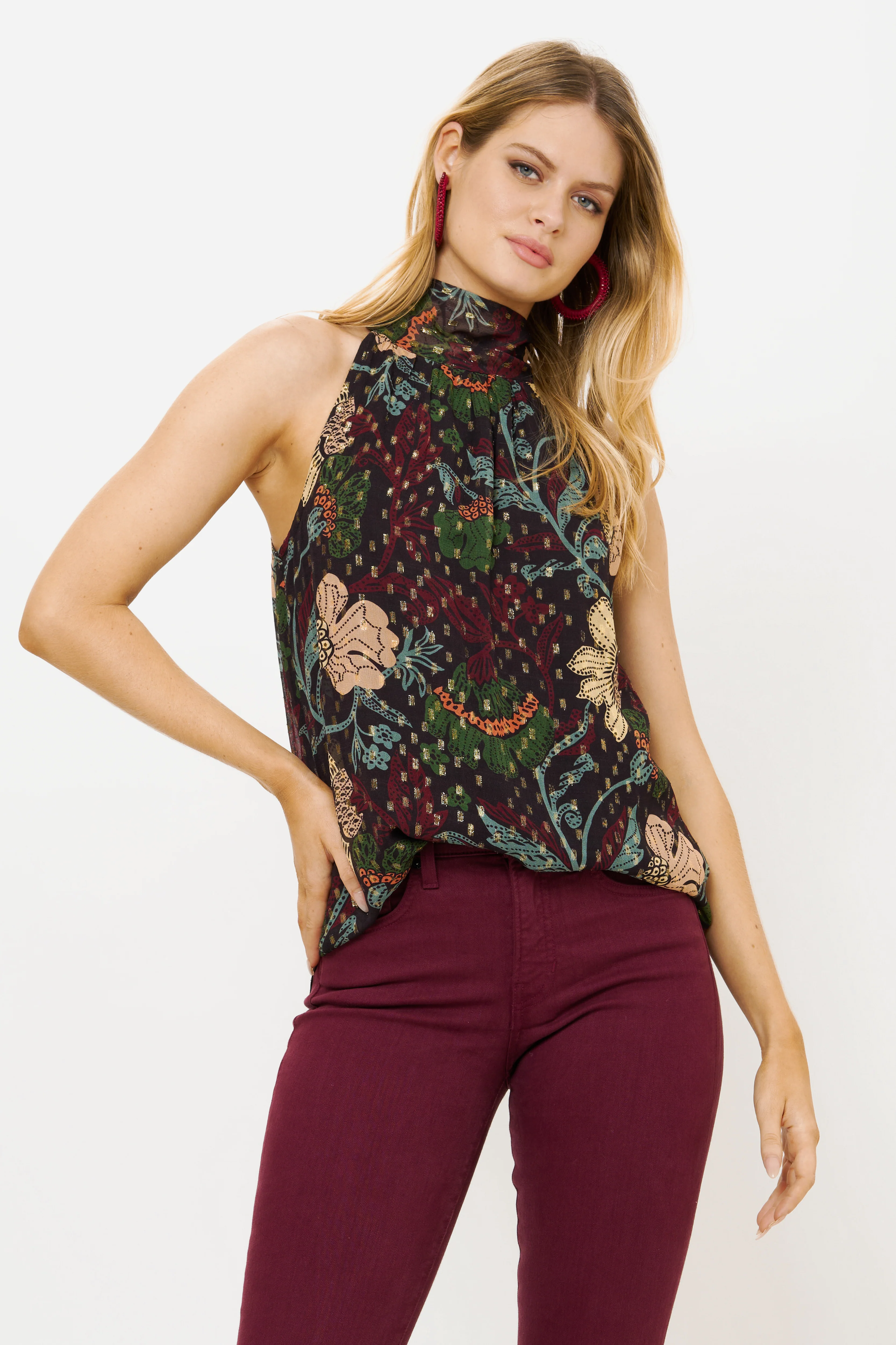 Sleeveless Tie Neck Top- Turin Wine - Image 2