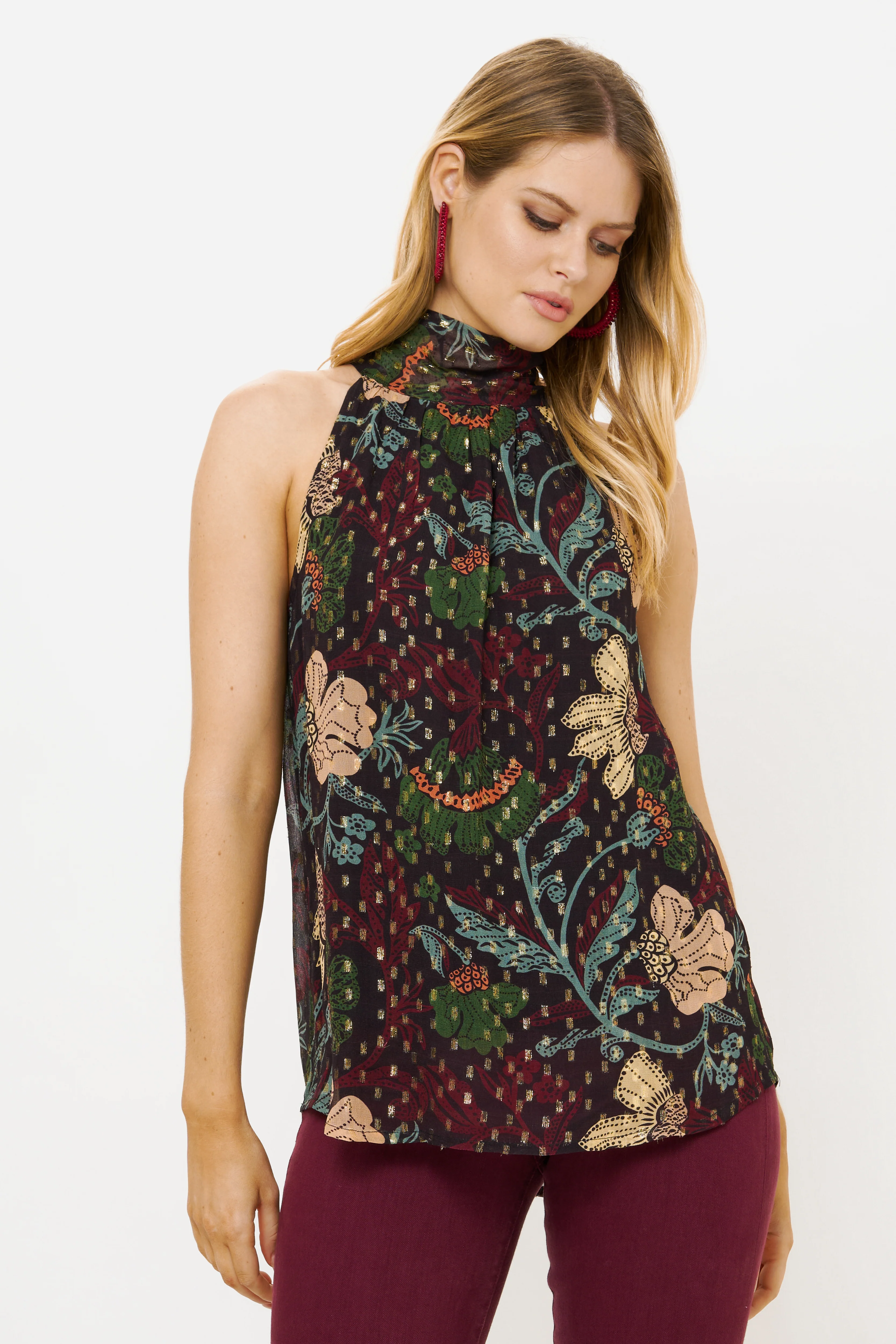 Sleeveless Tie Neck Top- Turin Wine - Image 3