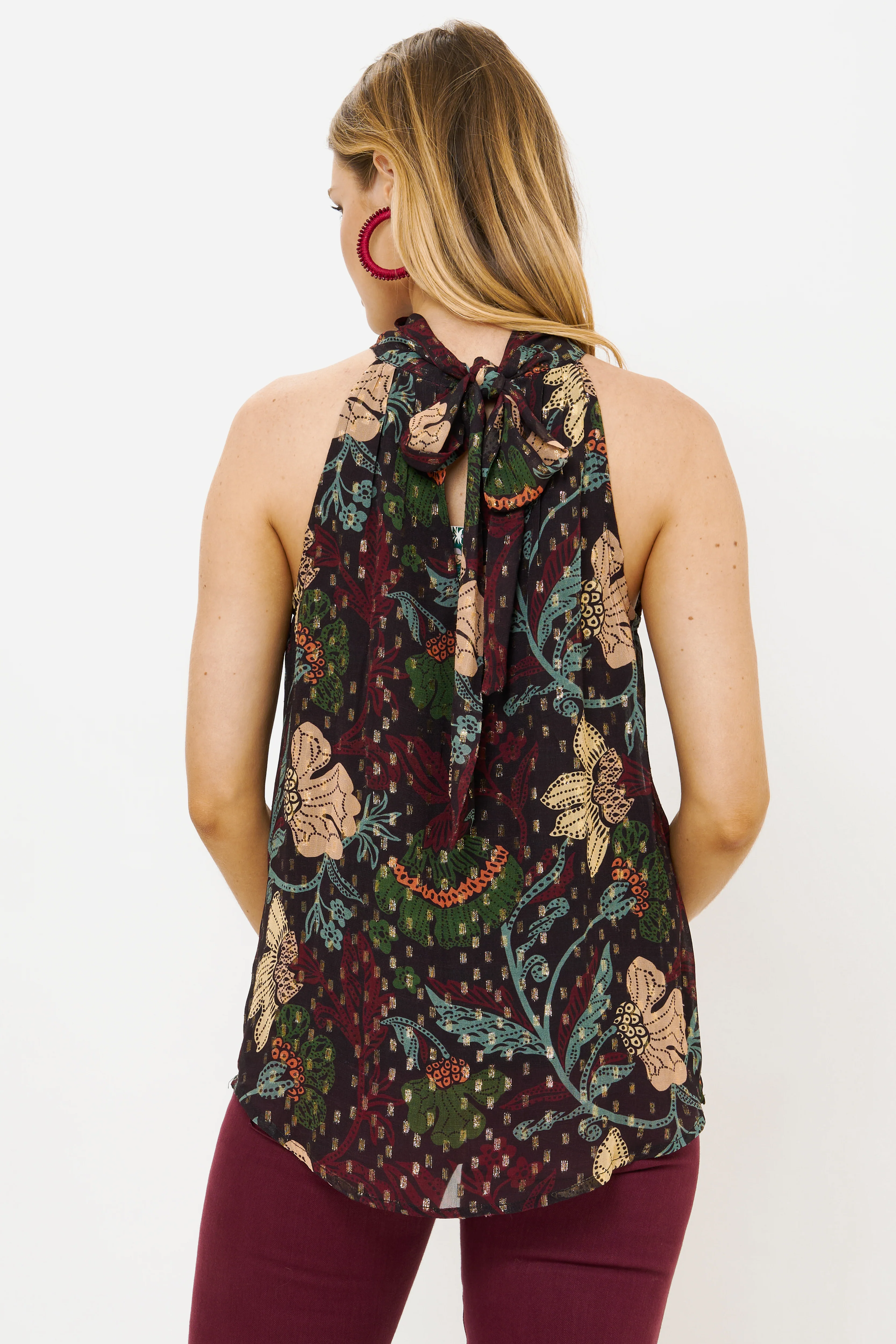 Sleeveless Tie Neck Top- Turin Wine - Image 4