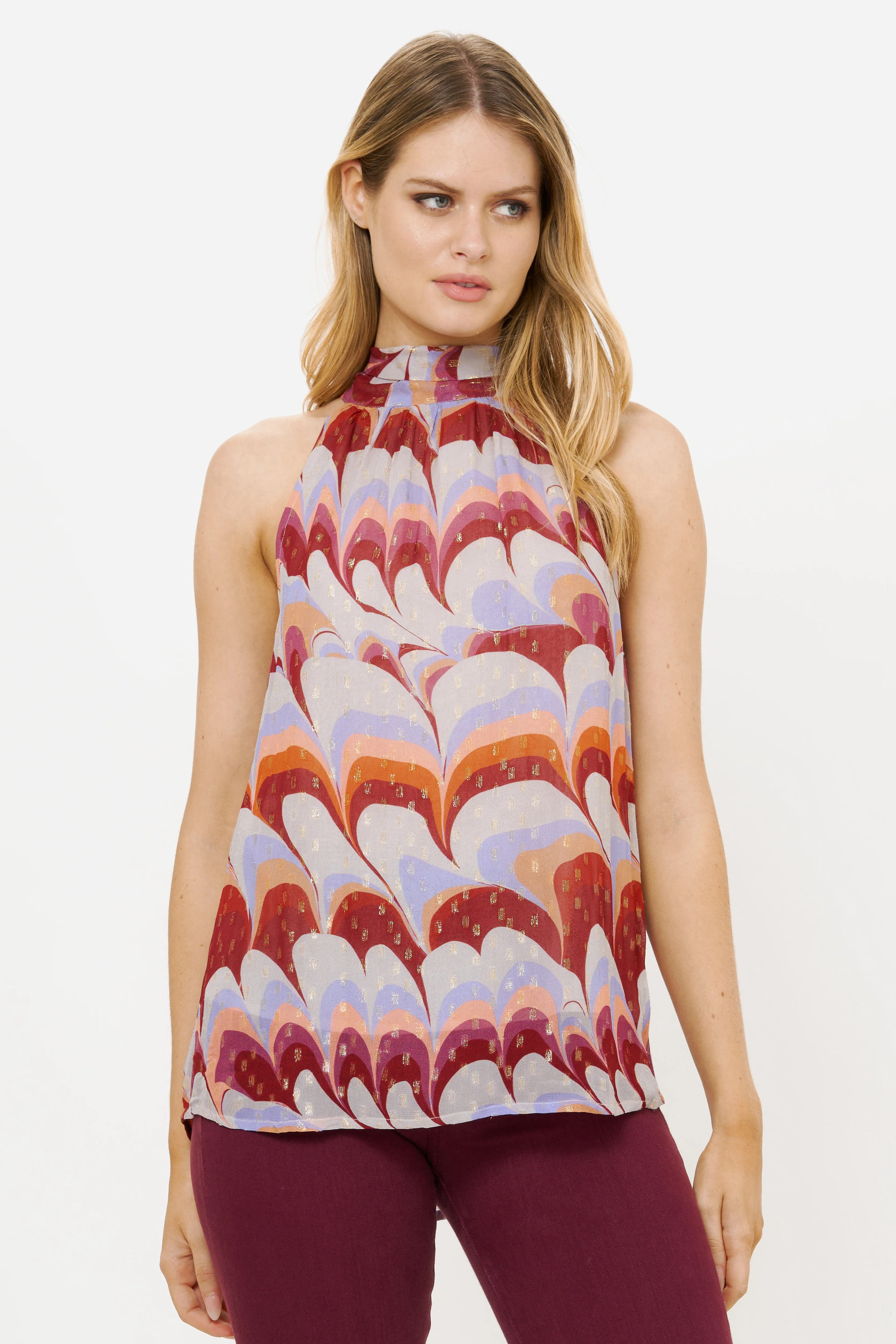 Sleeveless Tie Neck Top- Venice Cognac - Image 2