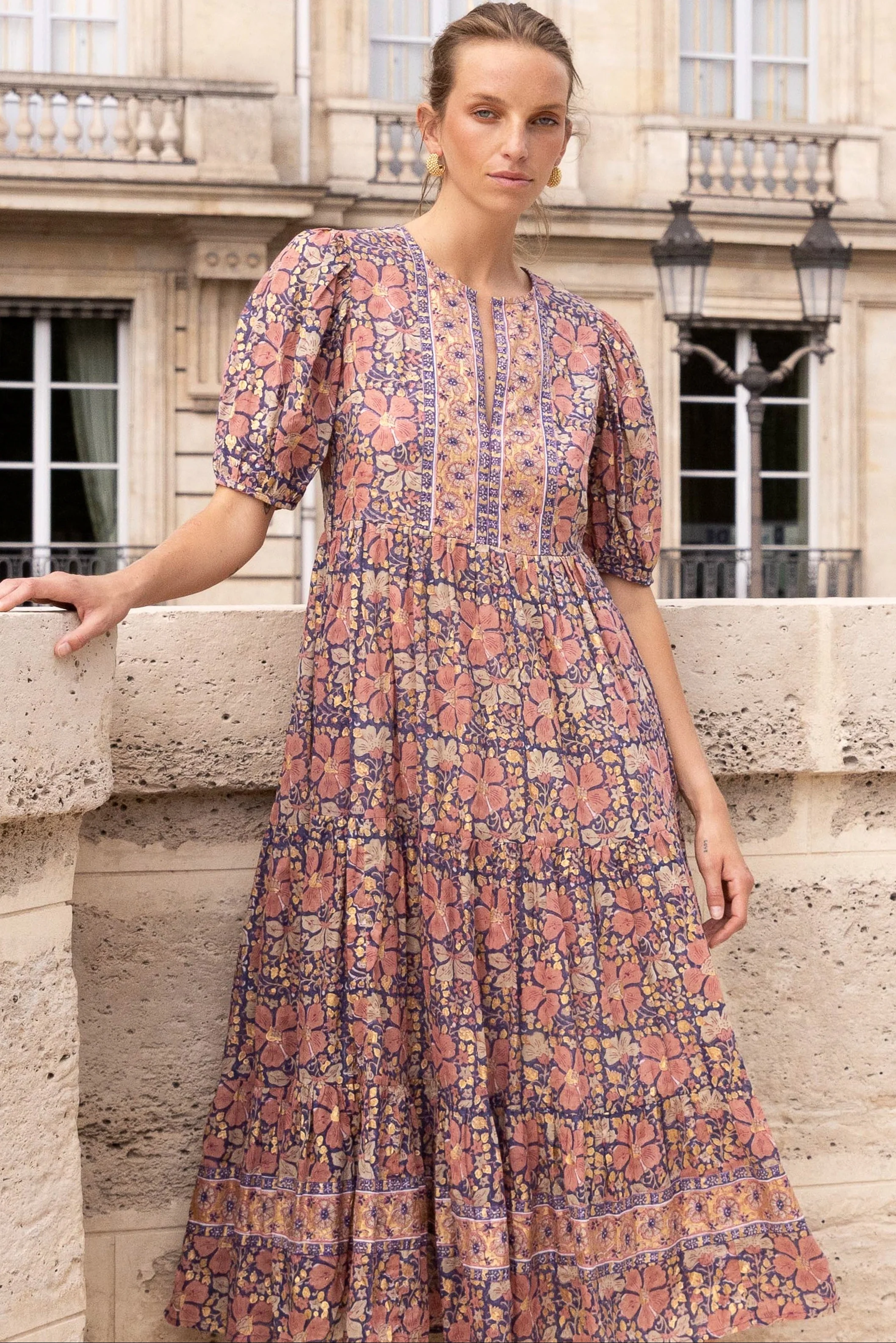 Puff Sleeve Maxi- Matera Navy