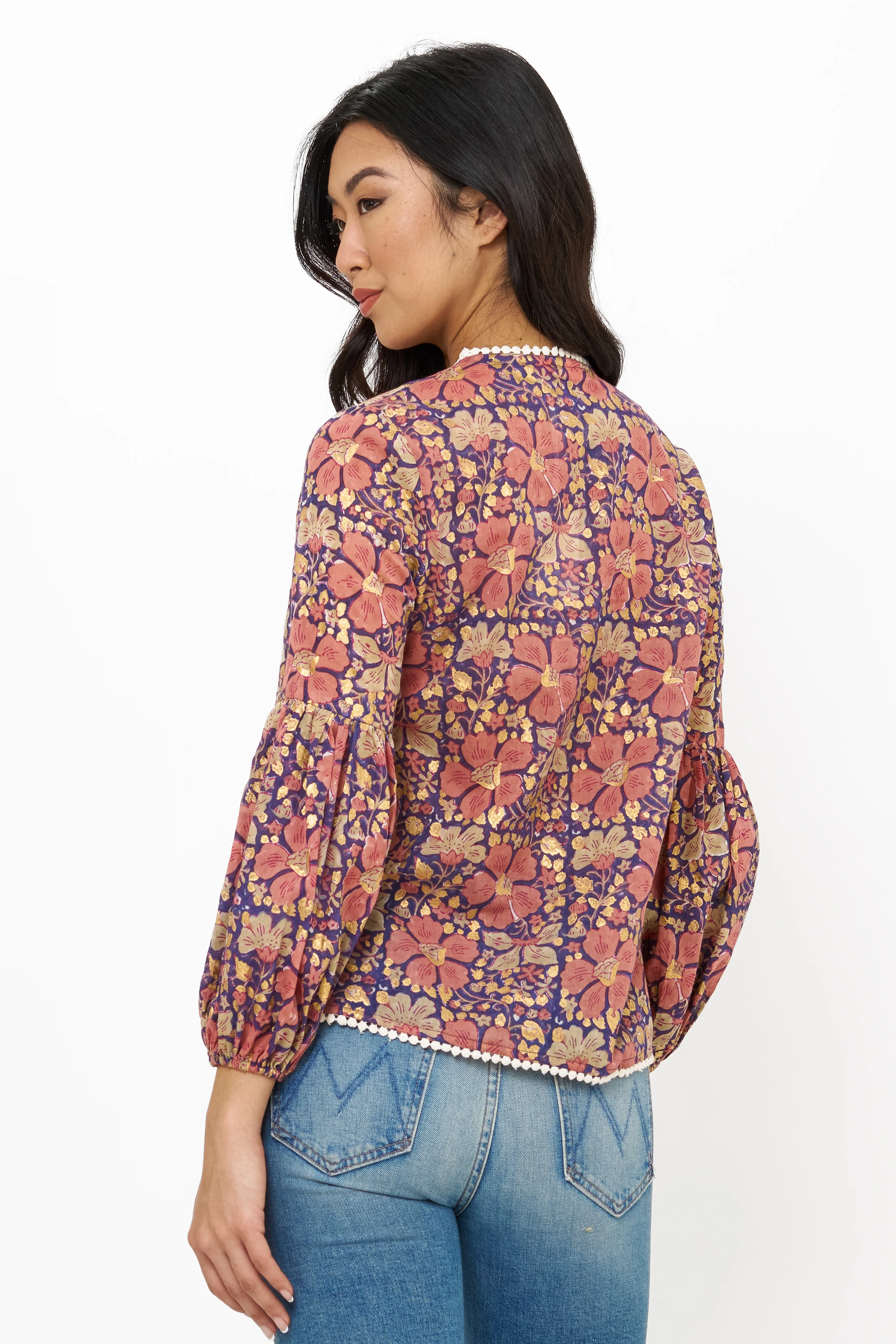Balloon Sleeve Tie Top- Matera Navy - Image 2