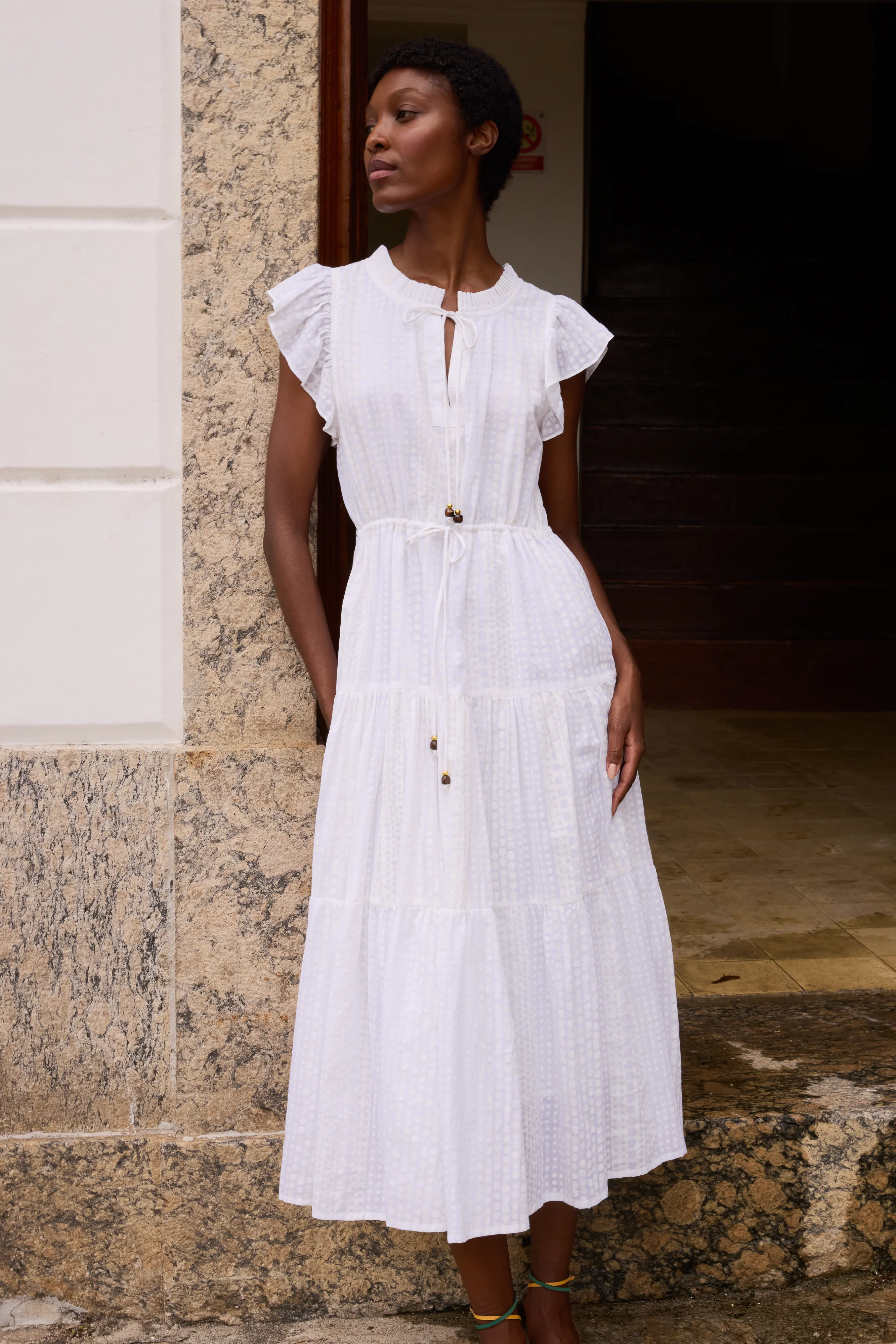 Cinched Flirty Midi- Domino White - Image 2