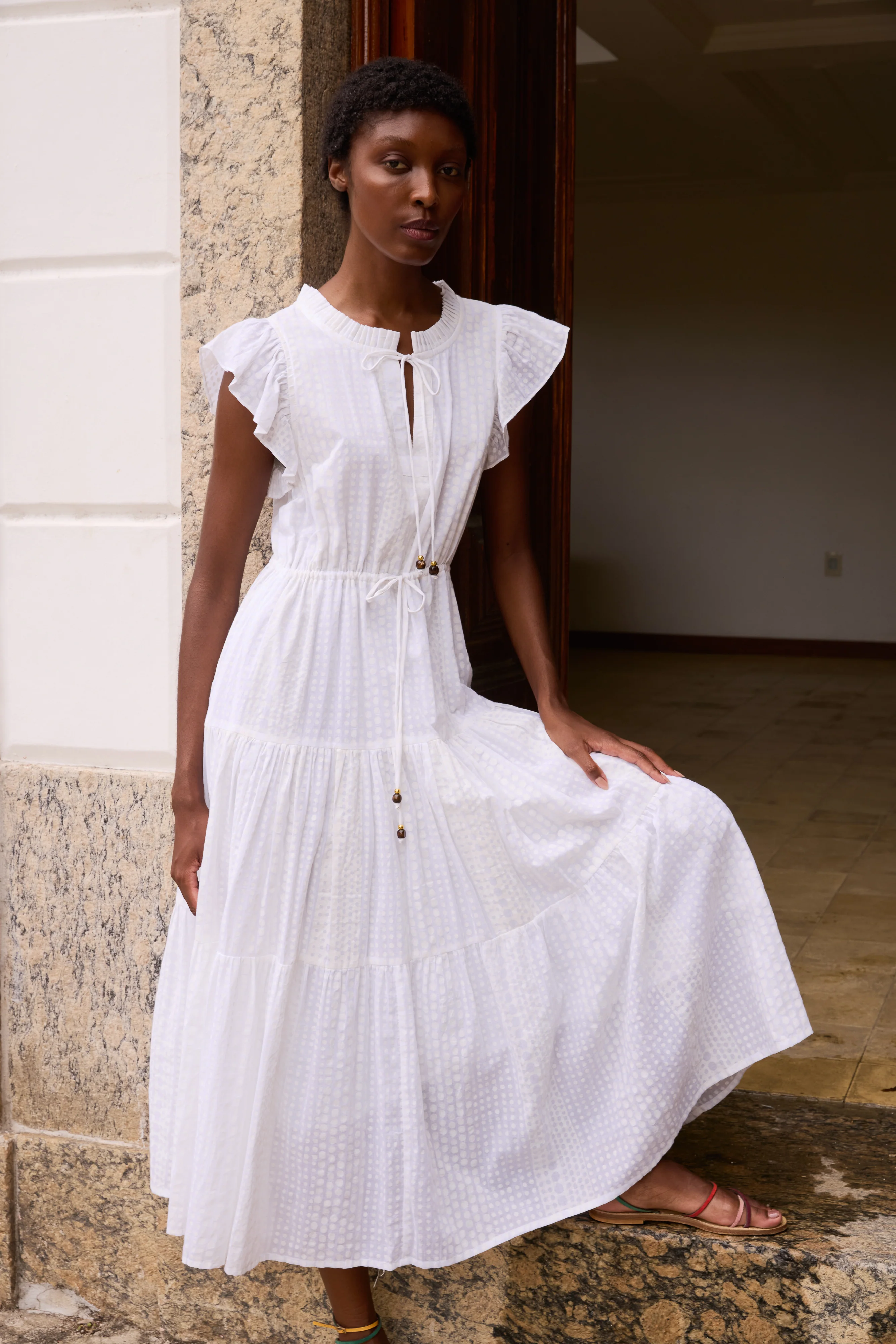 Cinched Flirty Midi- Domino White - Image 3