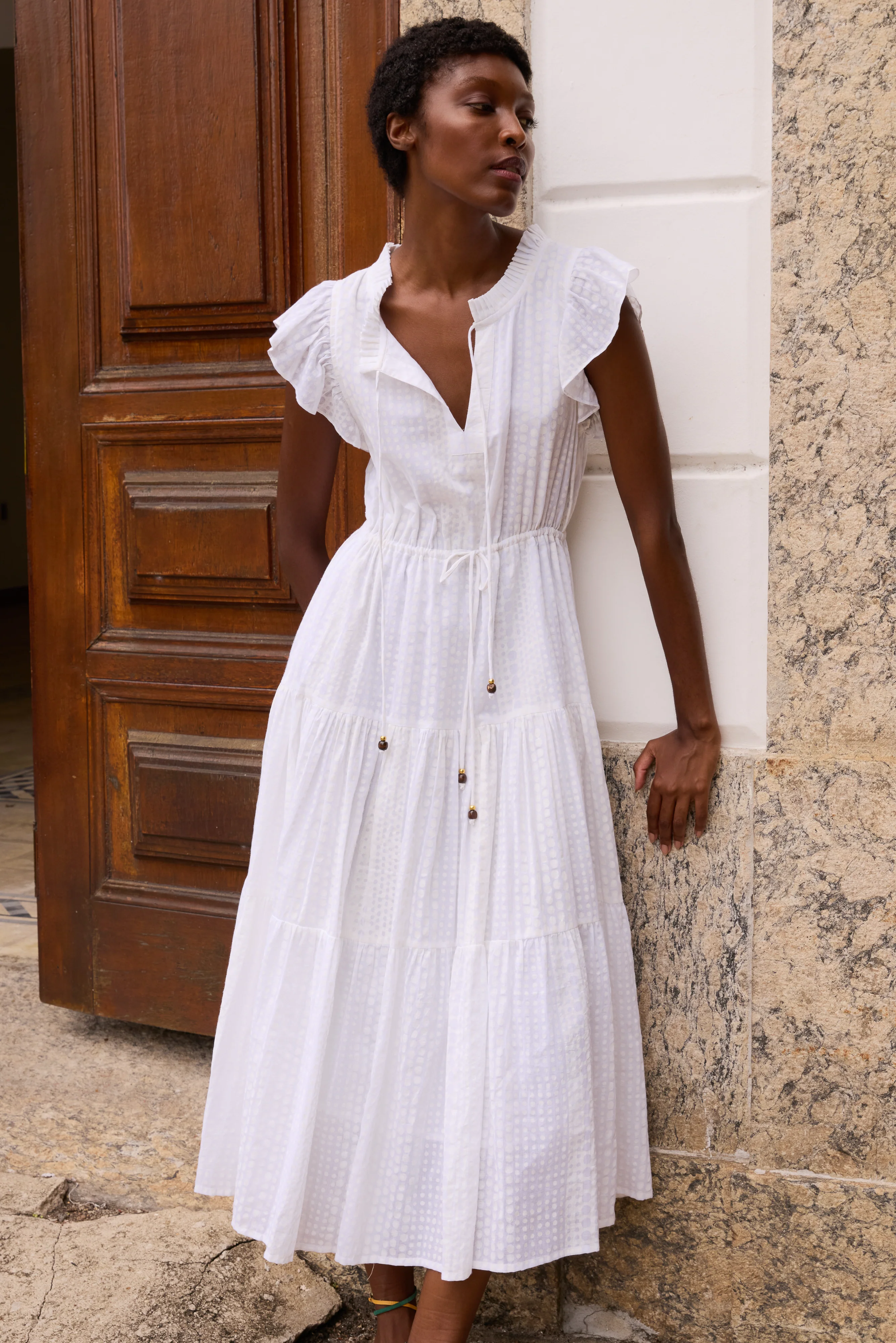 Cinched Flirty Midi- Domino White - Image 5