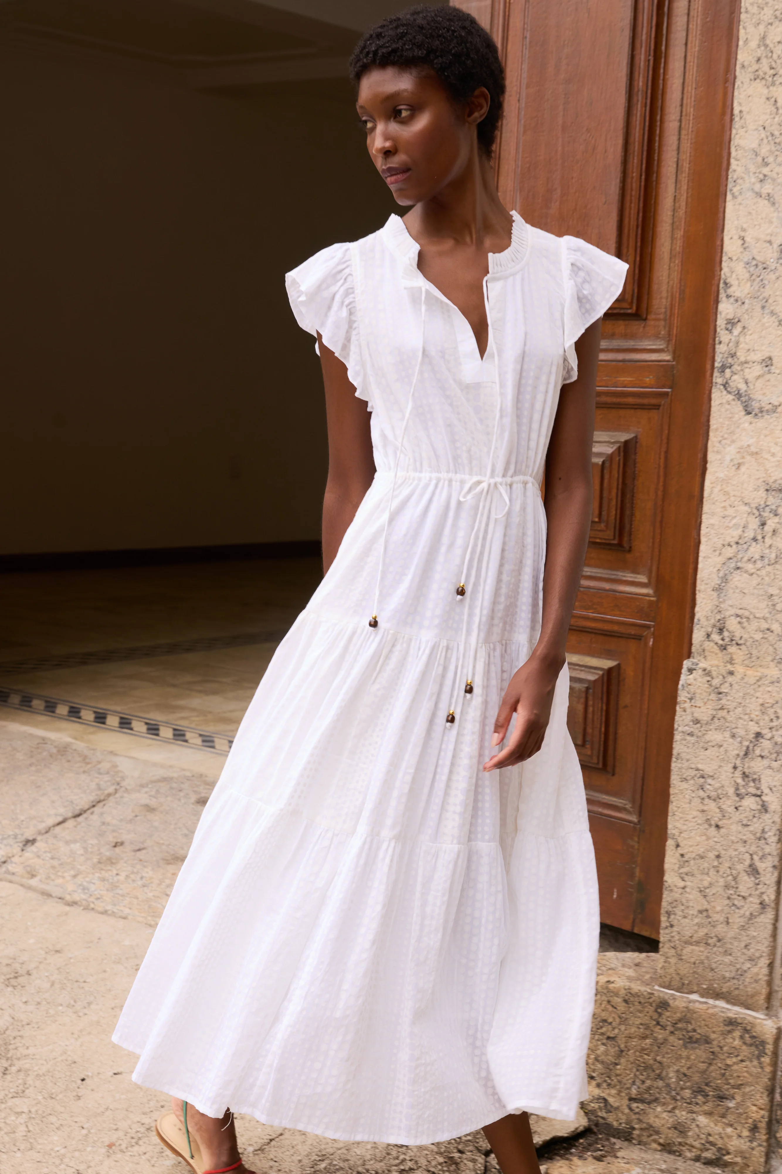 Cinched Flirty Midi- Domino White - Image 6