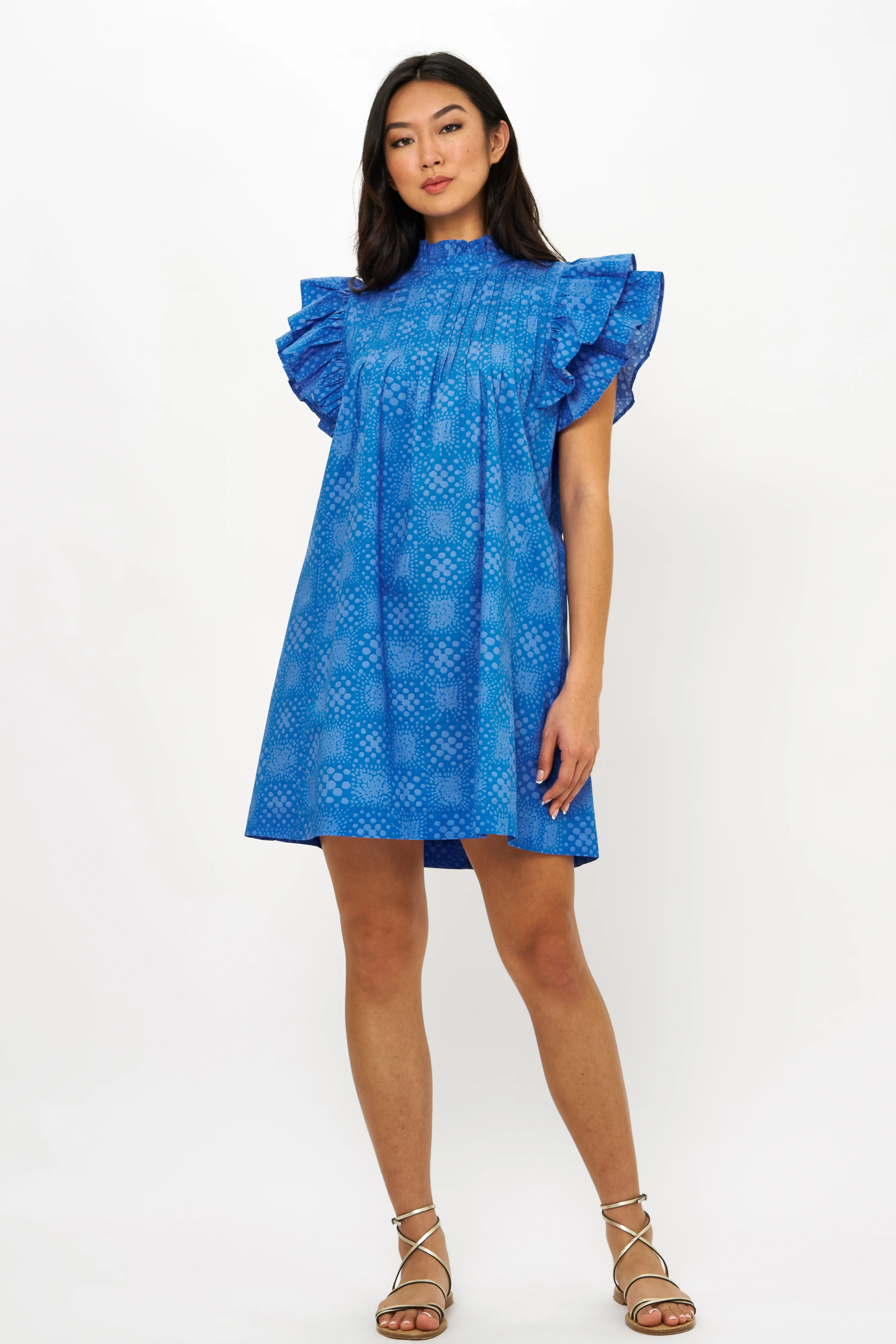 Pintuck Ruffle Mini Dress- Matrix Blue - Image 3