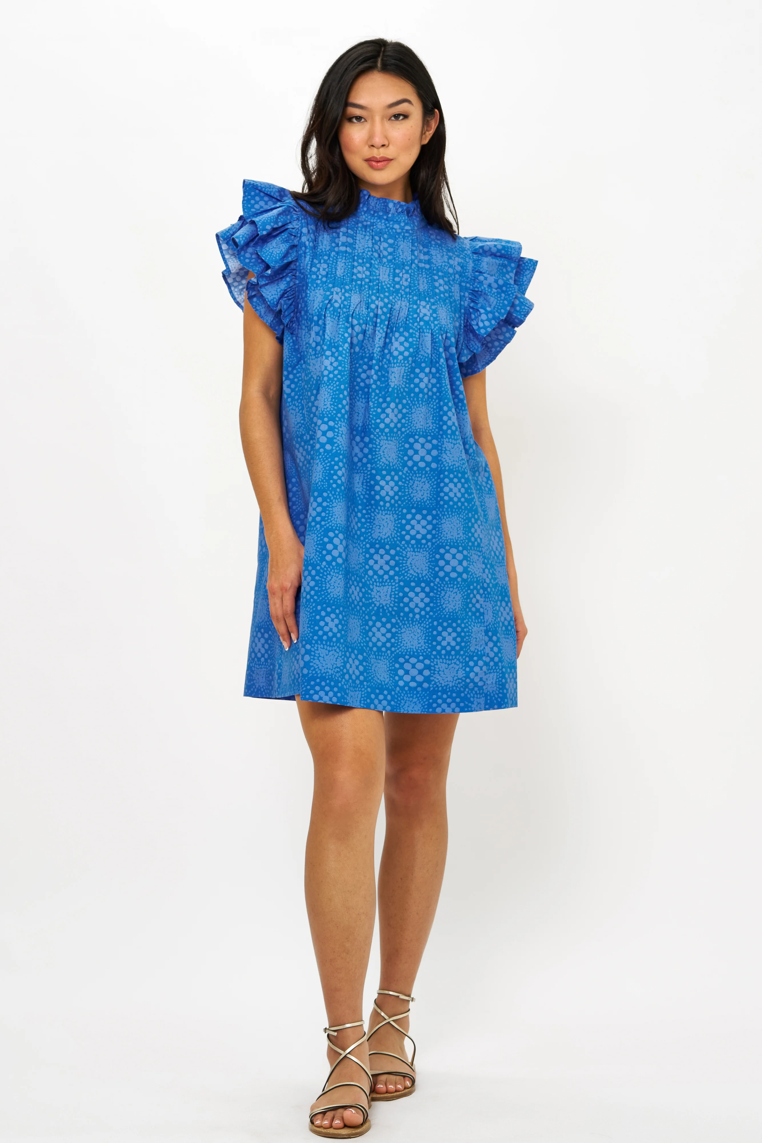 Pintuck Ruffle Mini Dress- Matrix Blue - Image 4