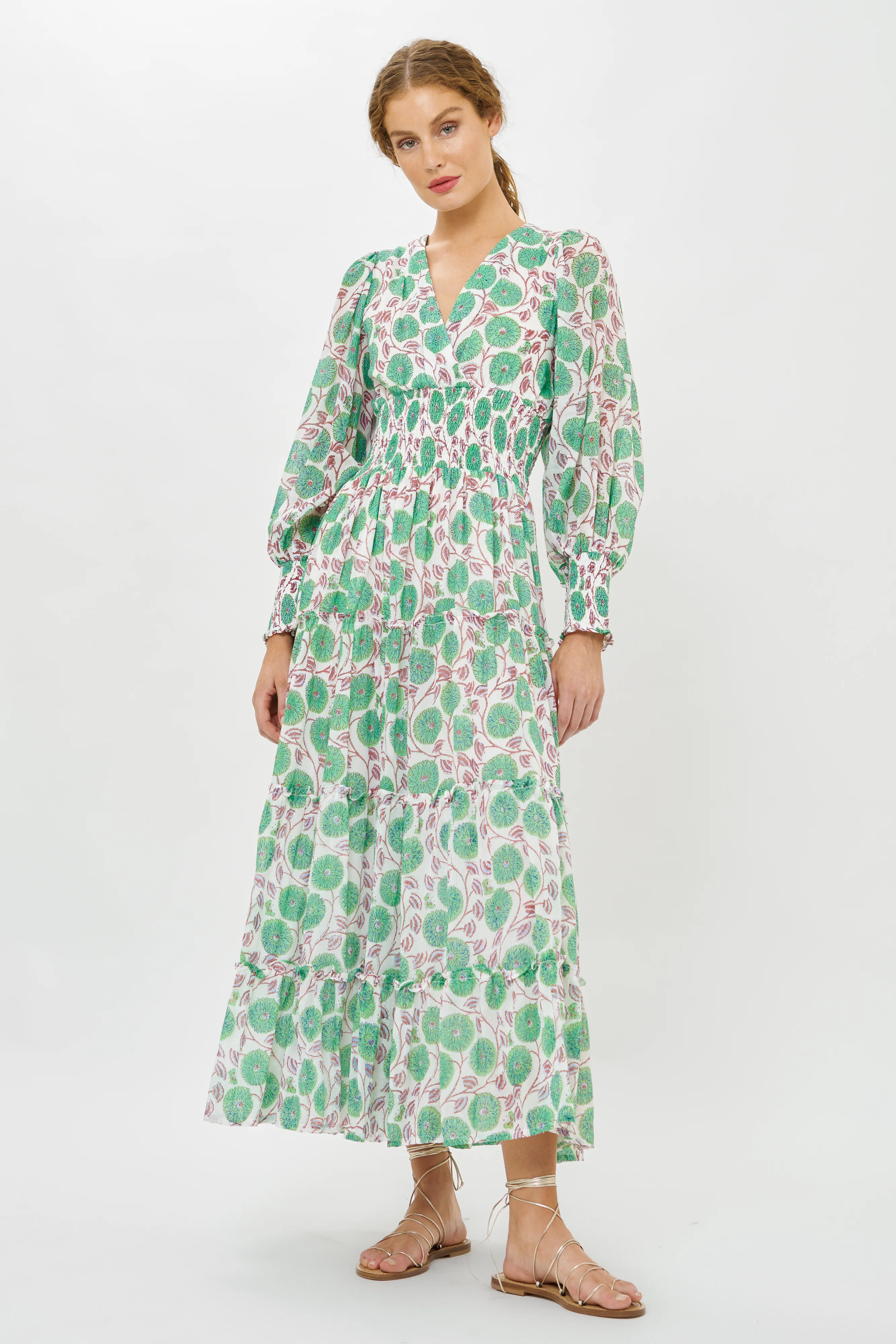 V-Neck Smocked Waist Midi- Monarch Green - Image 3