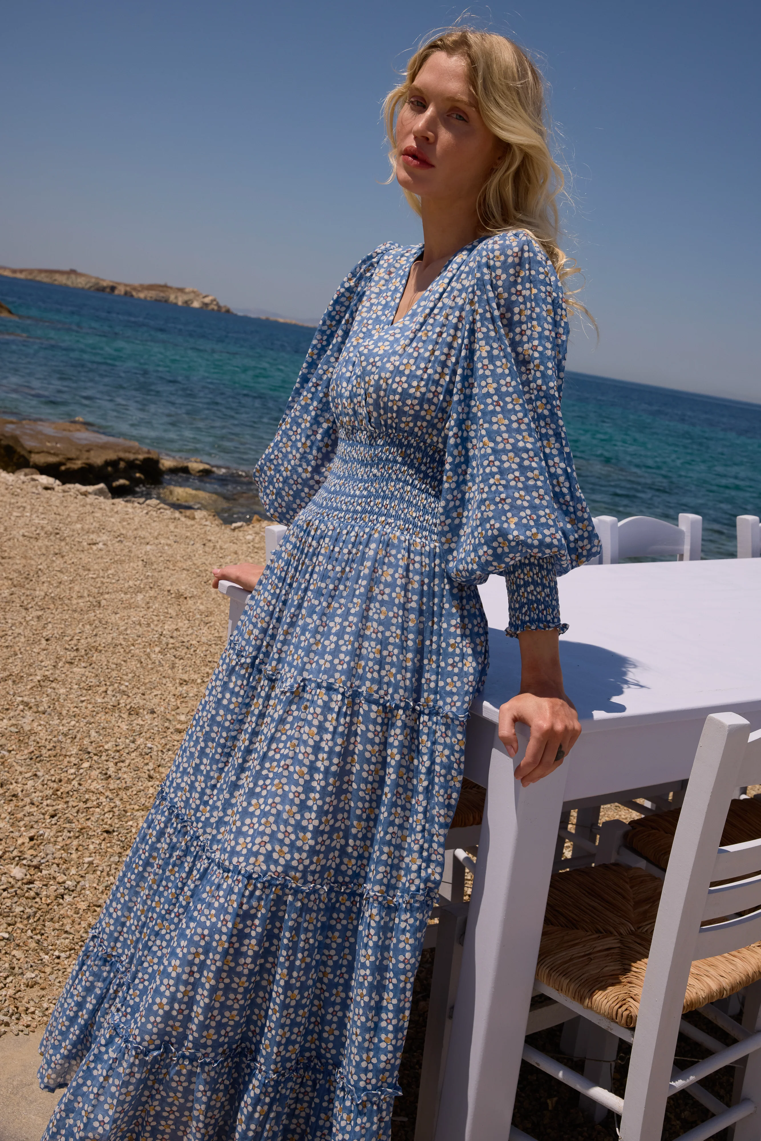 V-Neck Smocked Waist Midi- Aster Blue - Image 4