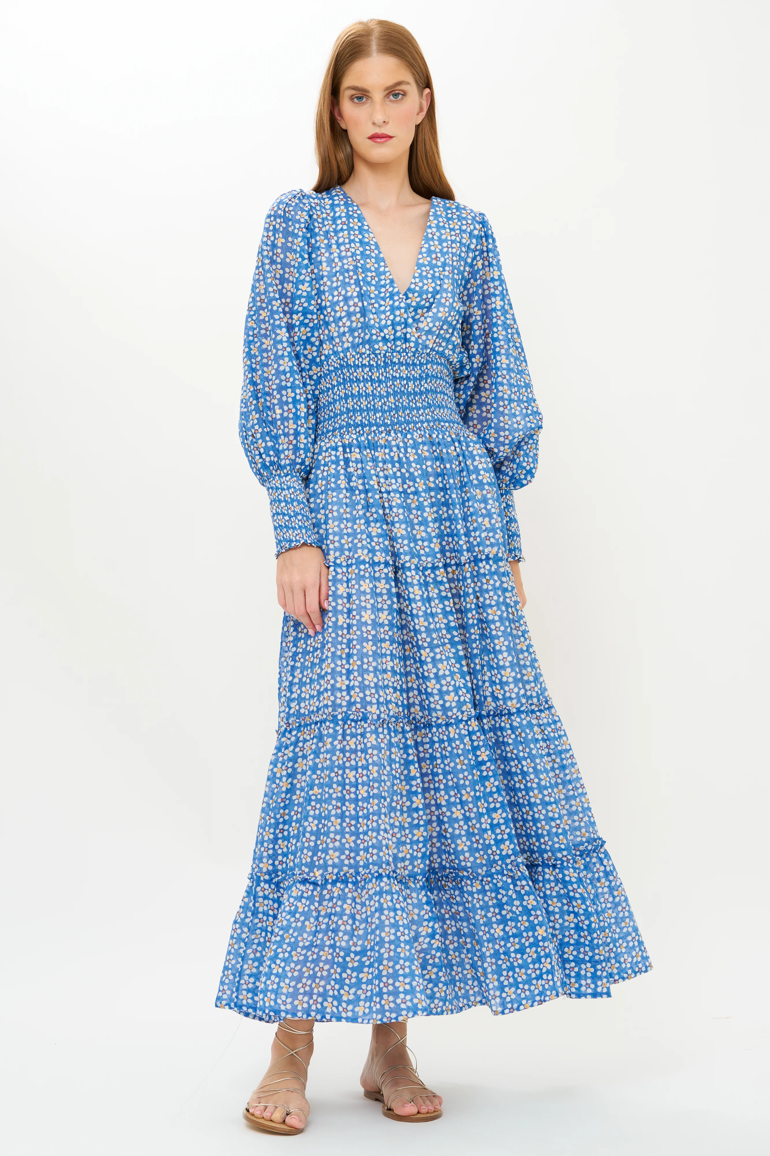 V-Neck Smocked Waist Midi- Aster Blue - Image 9
