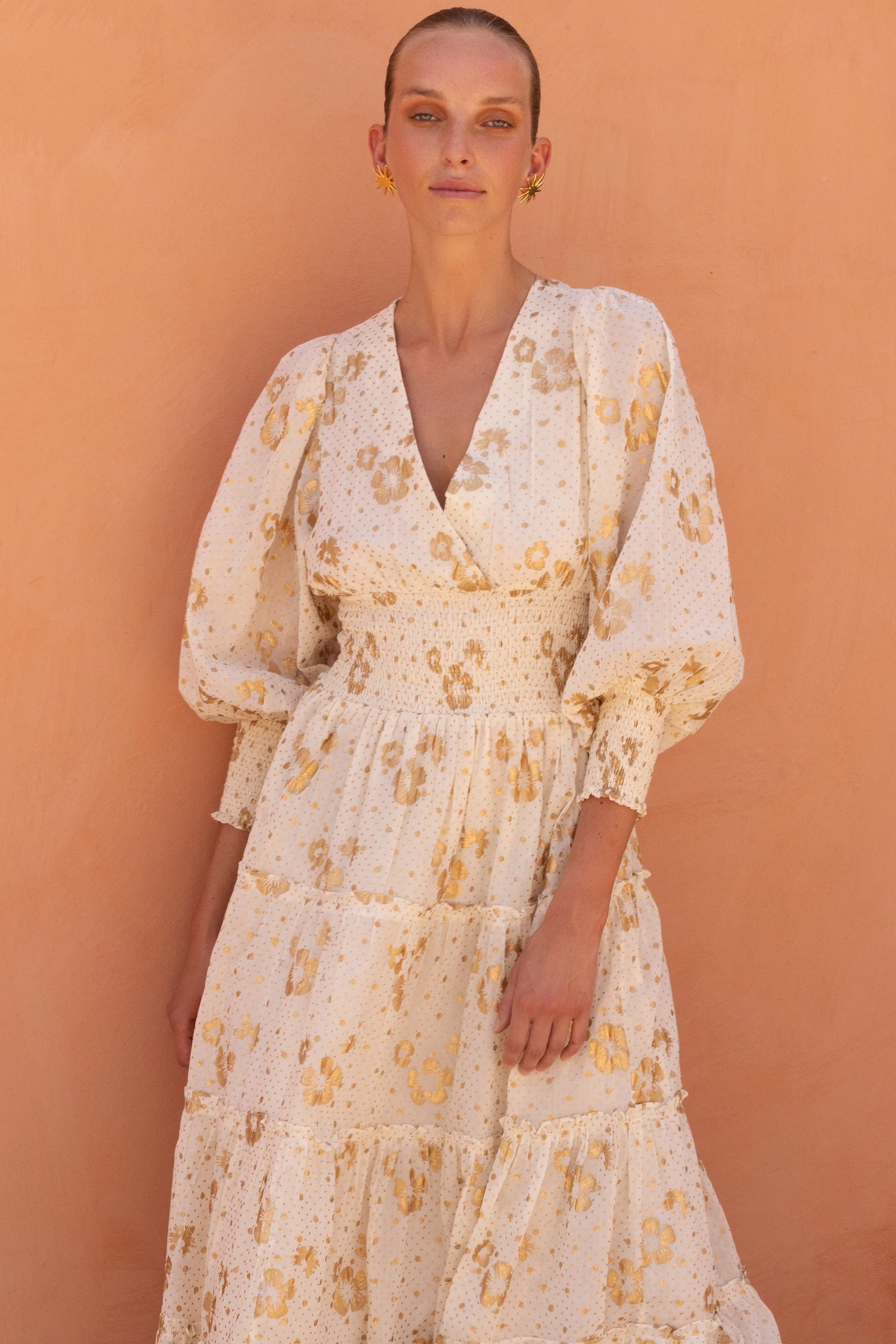 V-Neck Smocked Waist Midi- Carlin Cream Gold - Image 3
