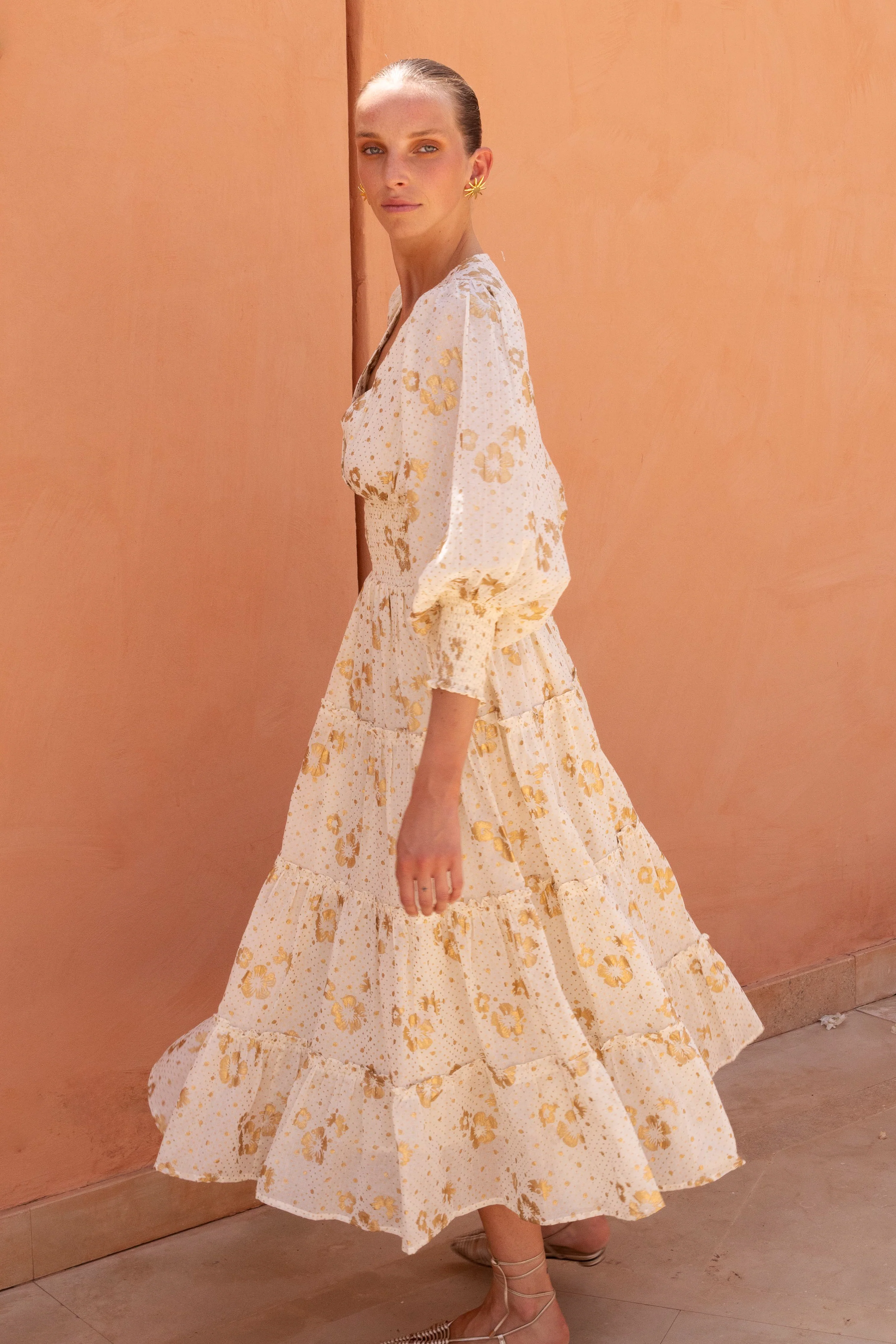 V-Neck Smocked Waist Midi- Carlin Cream Gold - Image 4