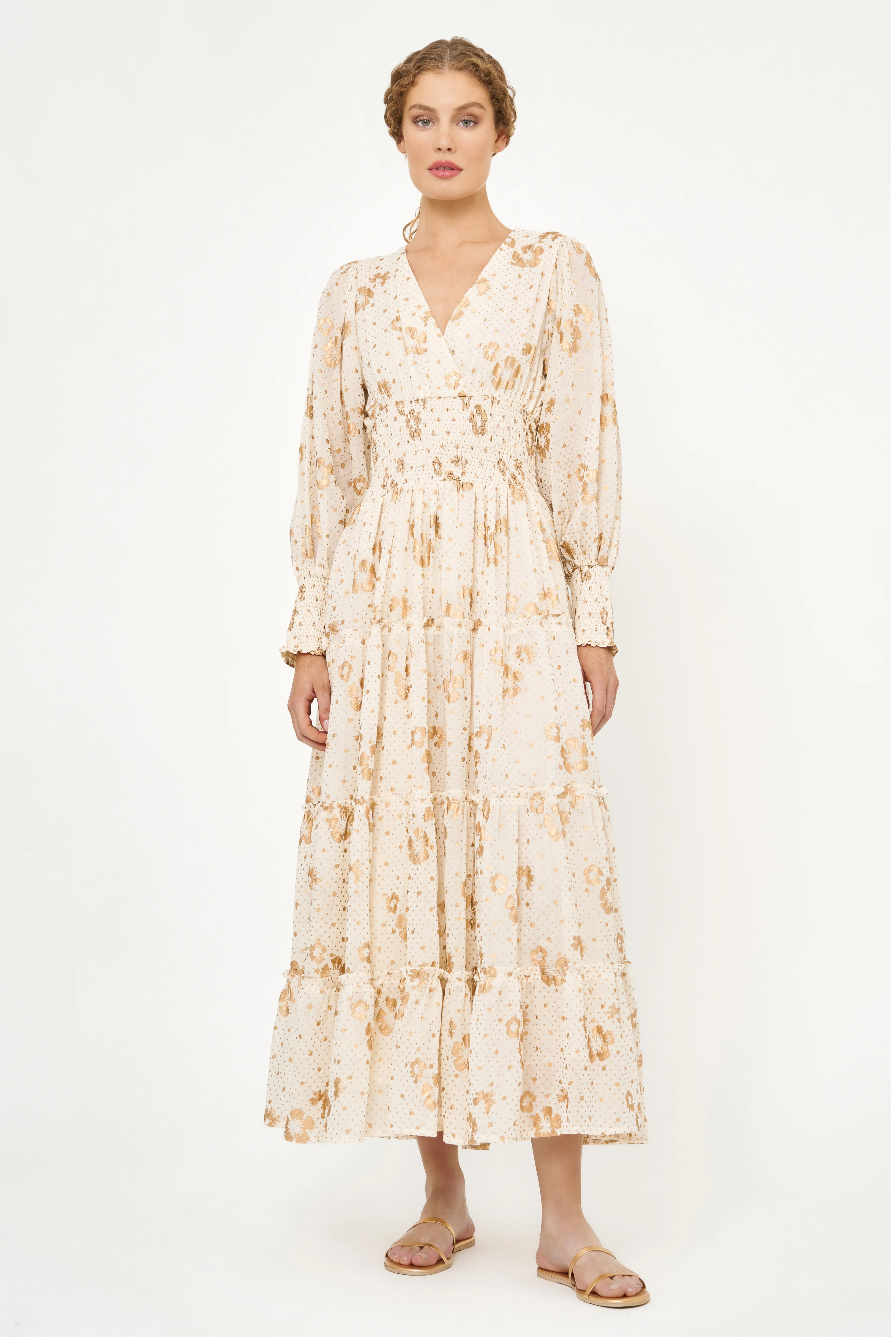 V-Neck Smocked Waist Midi- Carlin Cream Gold - Image 5
