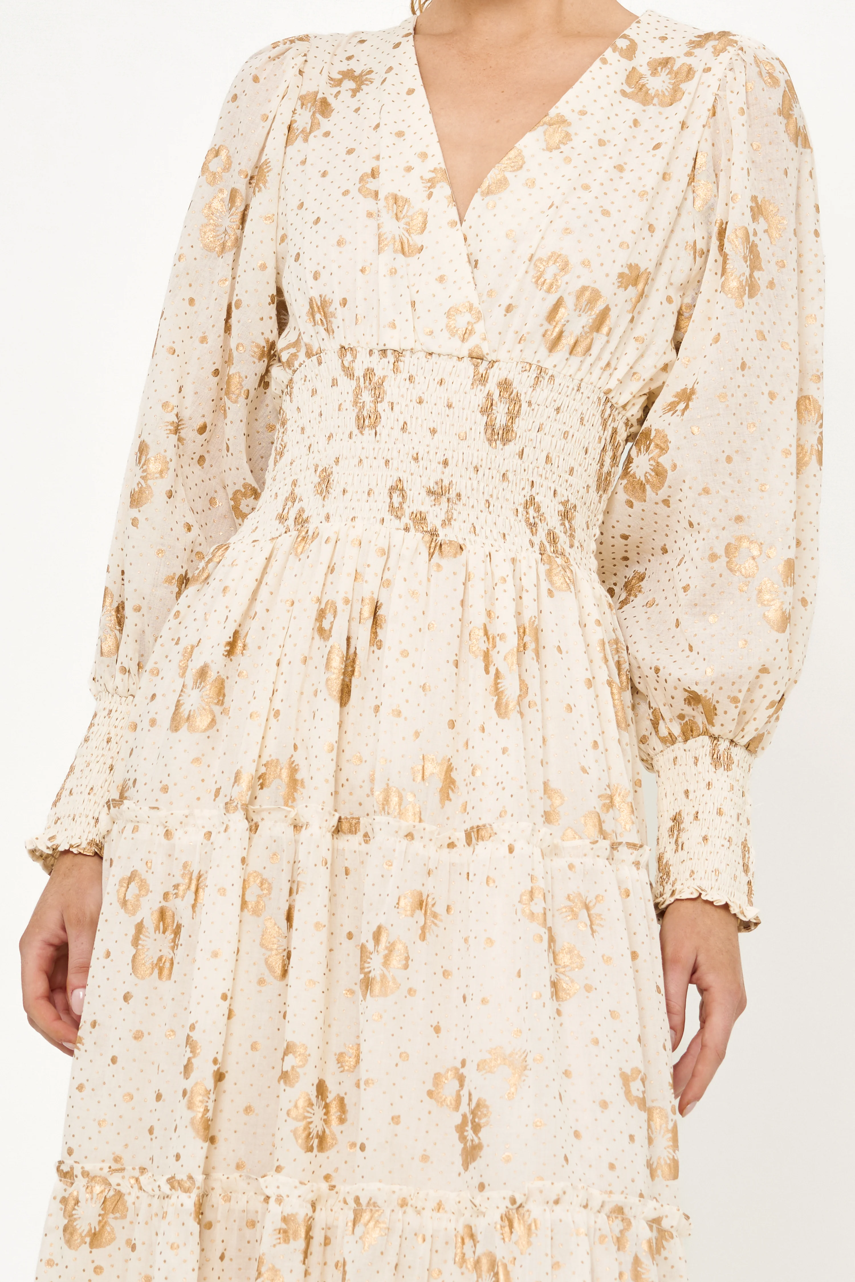 V-Neck Smocked Waist Midi- Carlin Cream Gold - Image 6