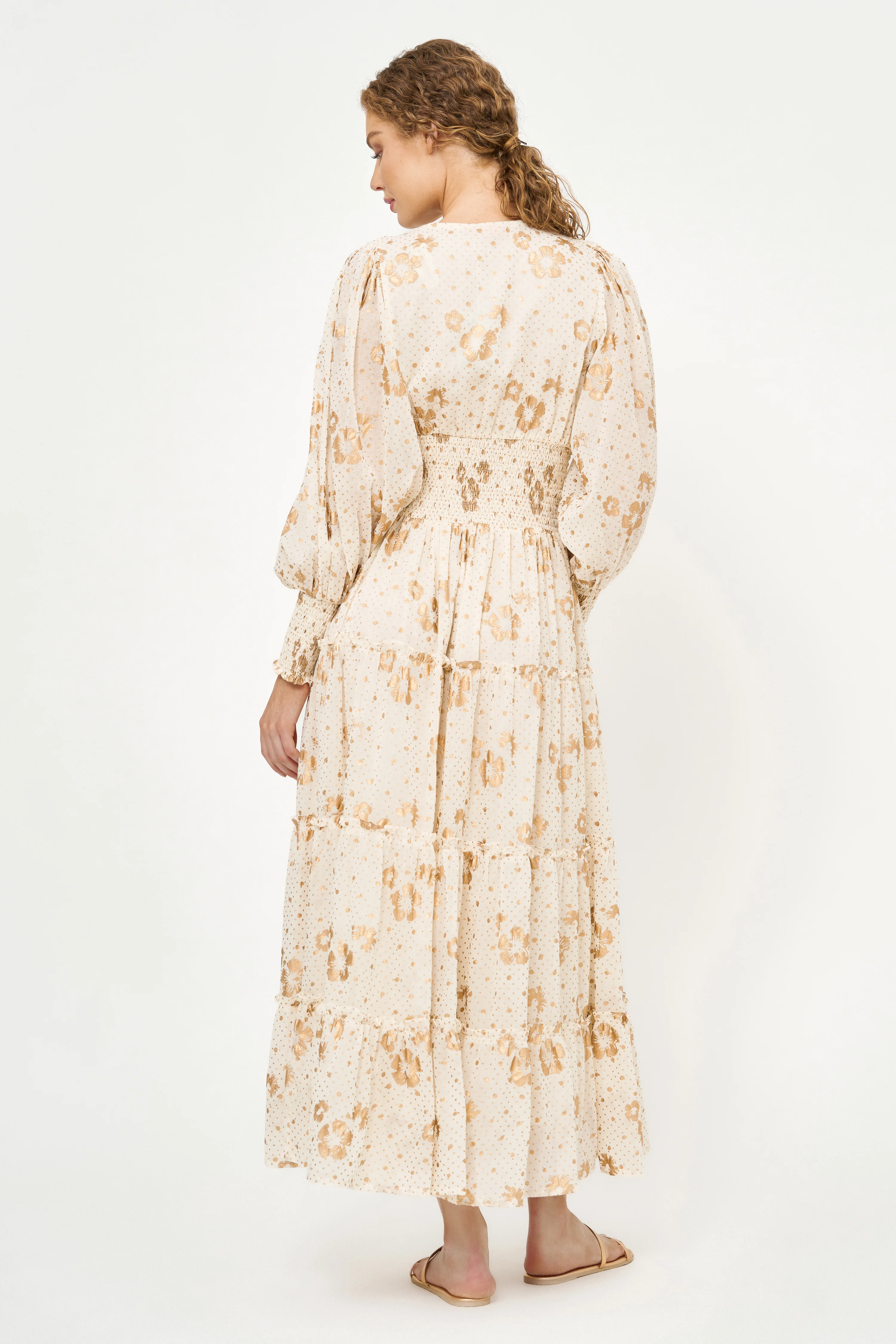 V-Neck Smocked Waist Midi- Carlin Cream Gold - Image 7