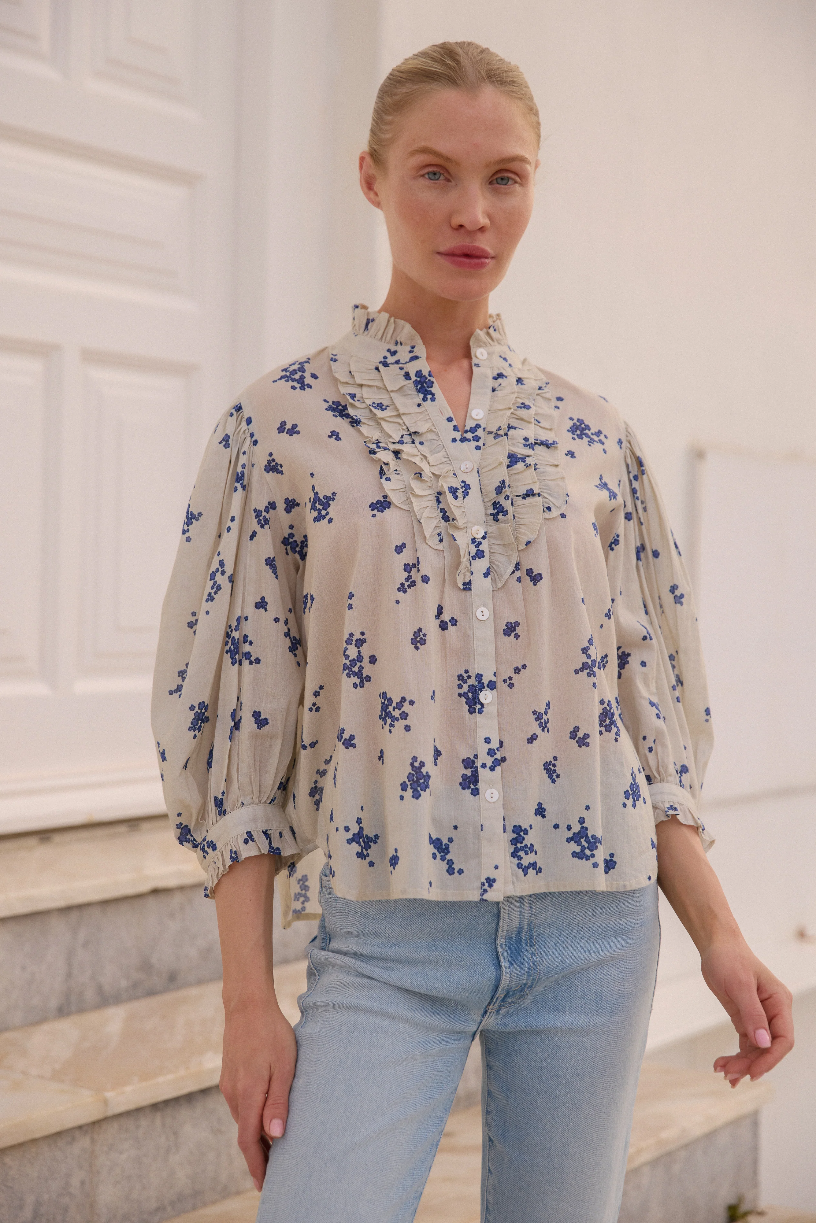 Ruffle Front Button Blouse- Alyssum Cream - Image 6