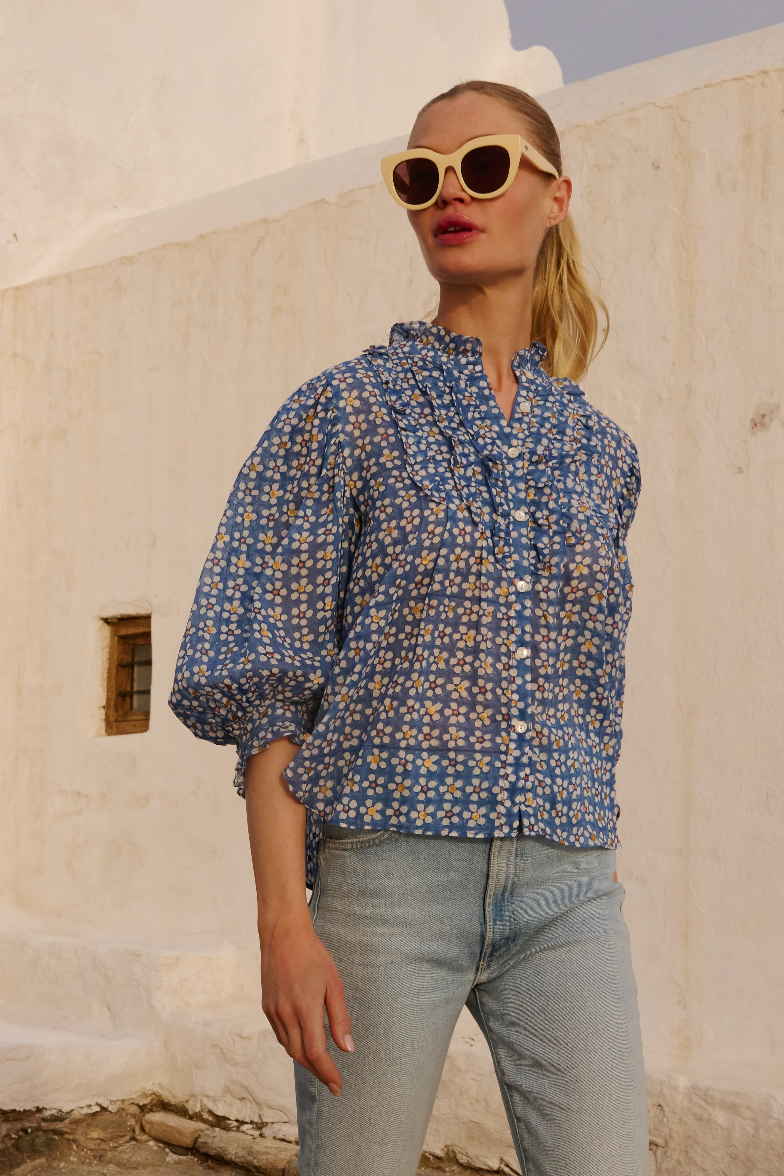 Ruffle Front Button Blouse- Aster Blue - Image 3