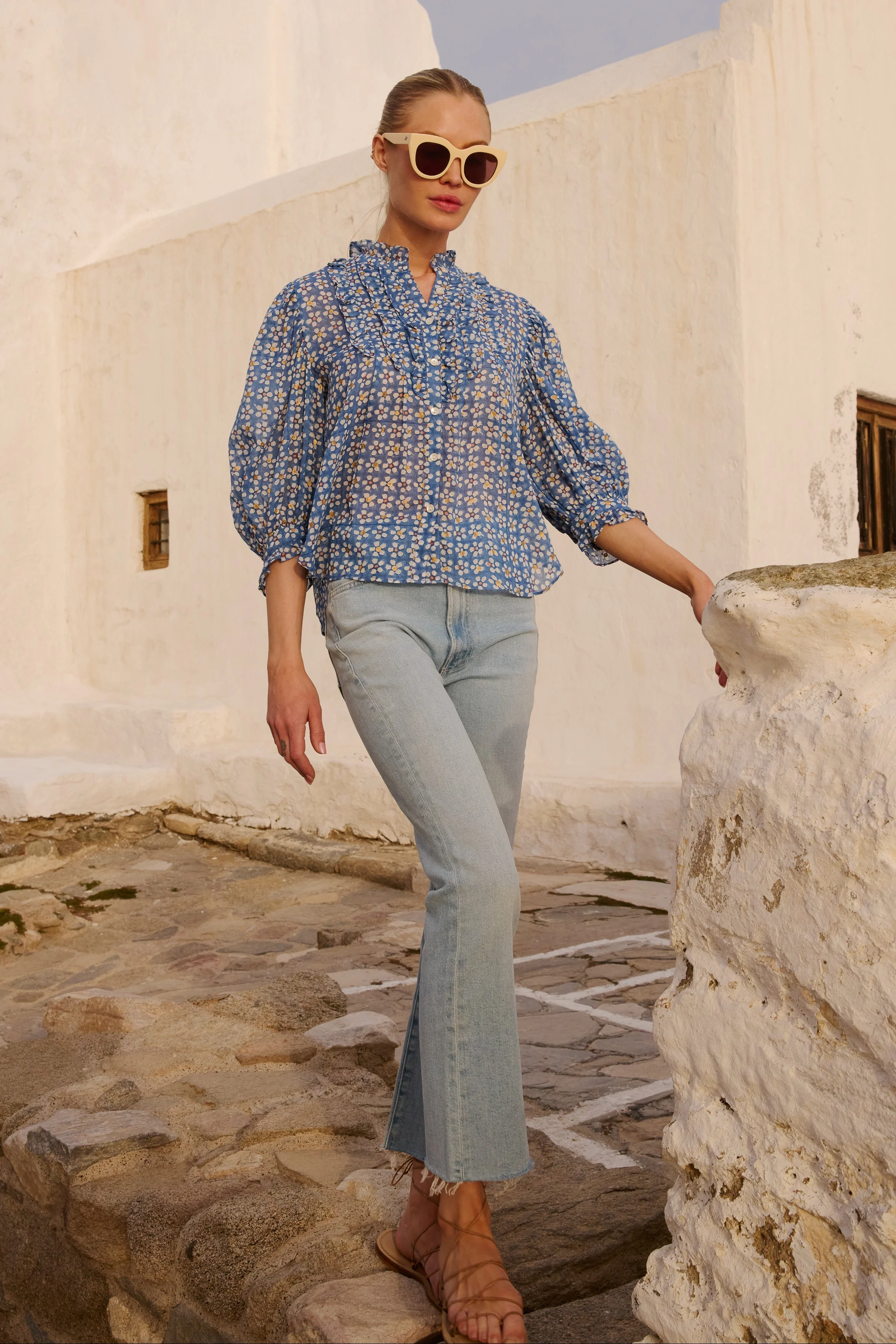 Ruffle Front Button Blouse- Aster Blue - Image 4